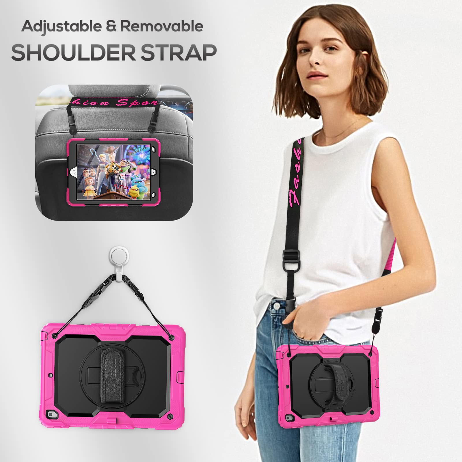 Seymac Case For Ipad 9Th/8Th/7Th Generation Case 10.2' 2021 2019, Full Body Shockproof Heavy Duty Protective Case With Screen Protector, Rotating Stand/Handle/Shoulder Strap For Ipad 10.2, Pink