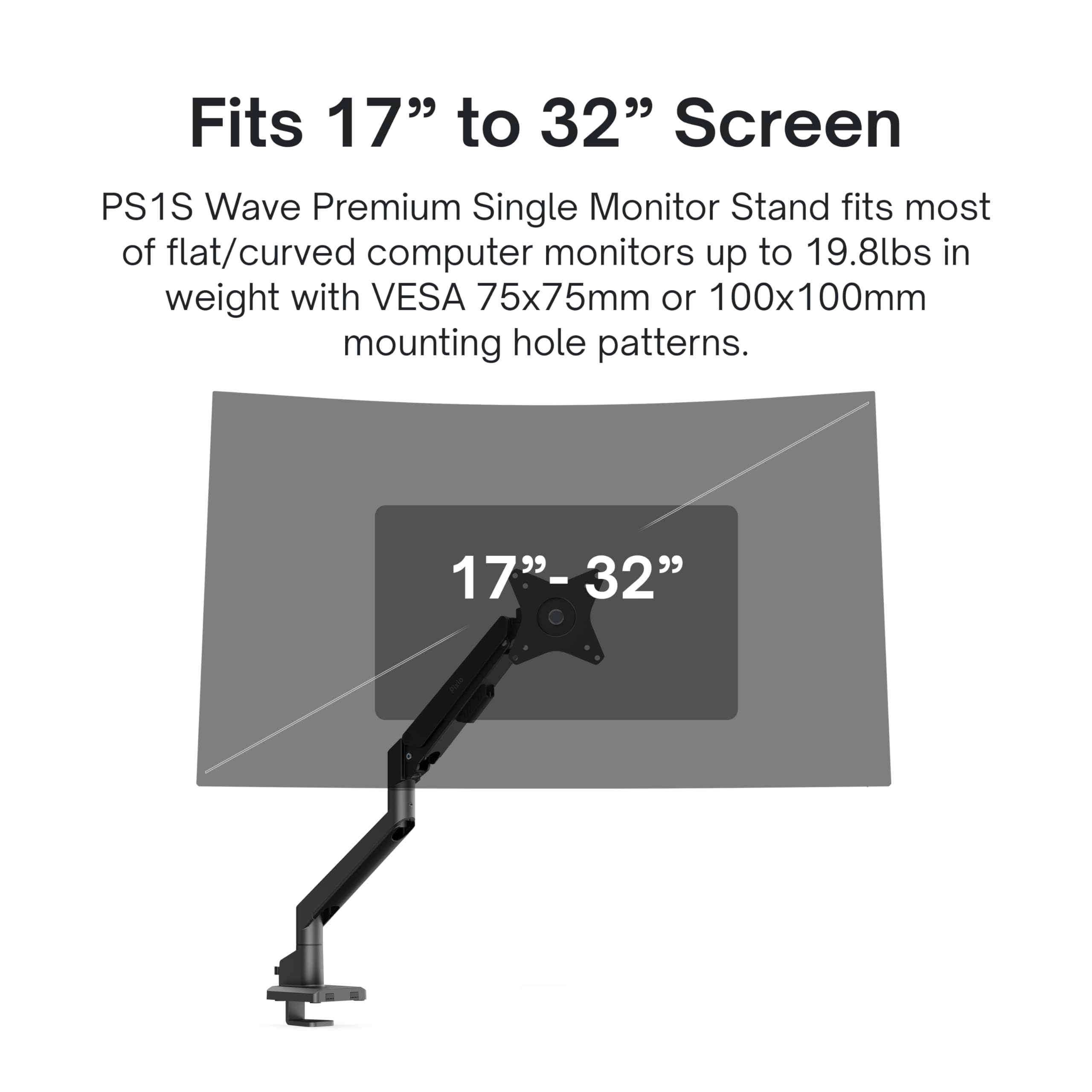 Pixio Ps1S Wave Black Single Monitor Arm Stand Desk Mount   Fits Up To 32 Inches Monitors And Up To 19.8Lbs. Vesa Compatibility And Integrated Cable Management