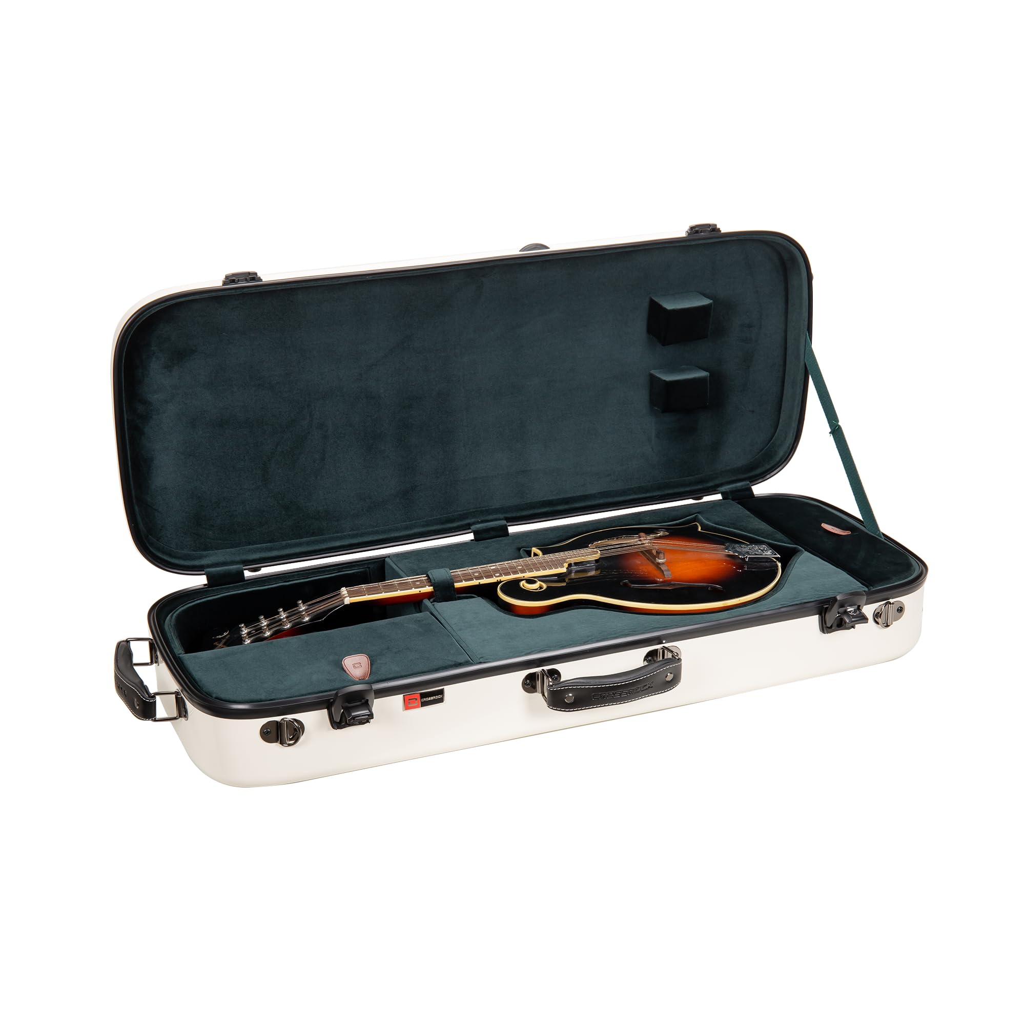 Crossrock Fiberglass Mandolin Case - Oblong for F-Style (Fits Gibson F5) | Milky White Gloss Finish, Forest Green Velvet, TSA Lo