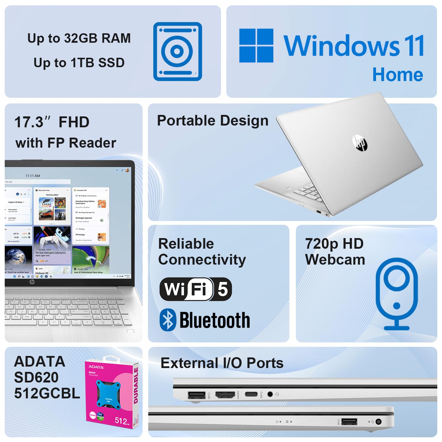 Hp Essential 17.3 Fhd Daily Laptop, 1920 X 1080 60Hz, Amd Ryzen 5 5500U, 32Gb Ram, 1Tb Ssd, Bundle With Adata External 512Gb Ssd