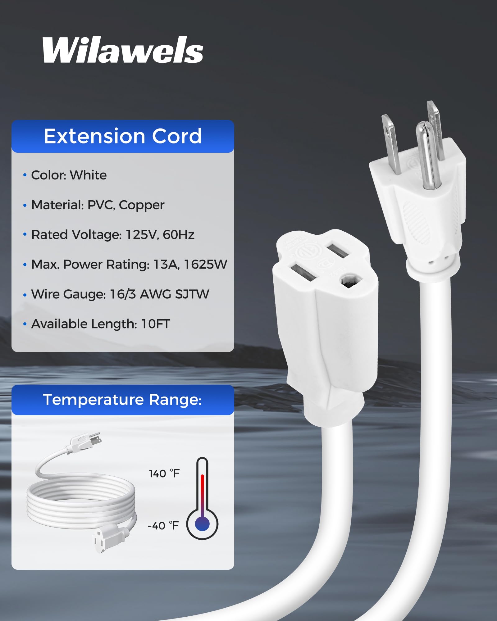 Wilawels 2 Pack Outdoor Extension Cord 10Ft, 16/3 Sjtw Durable Power Cable For Indoor And Outside Use, 3 Prong Grounded Outlets