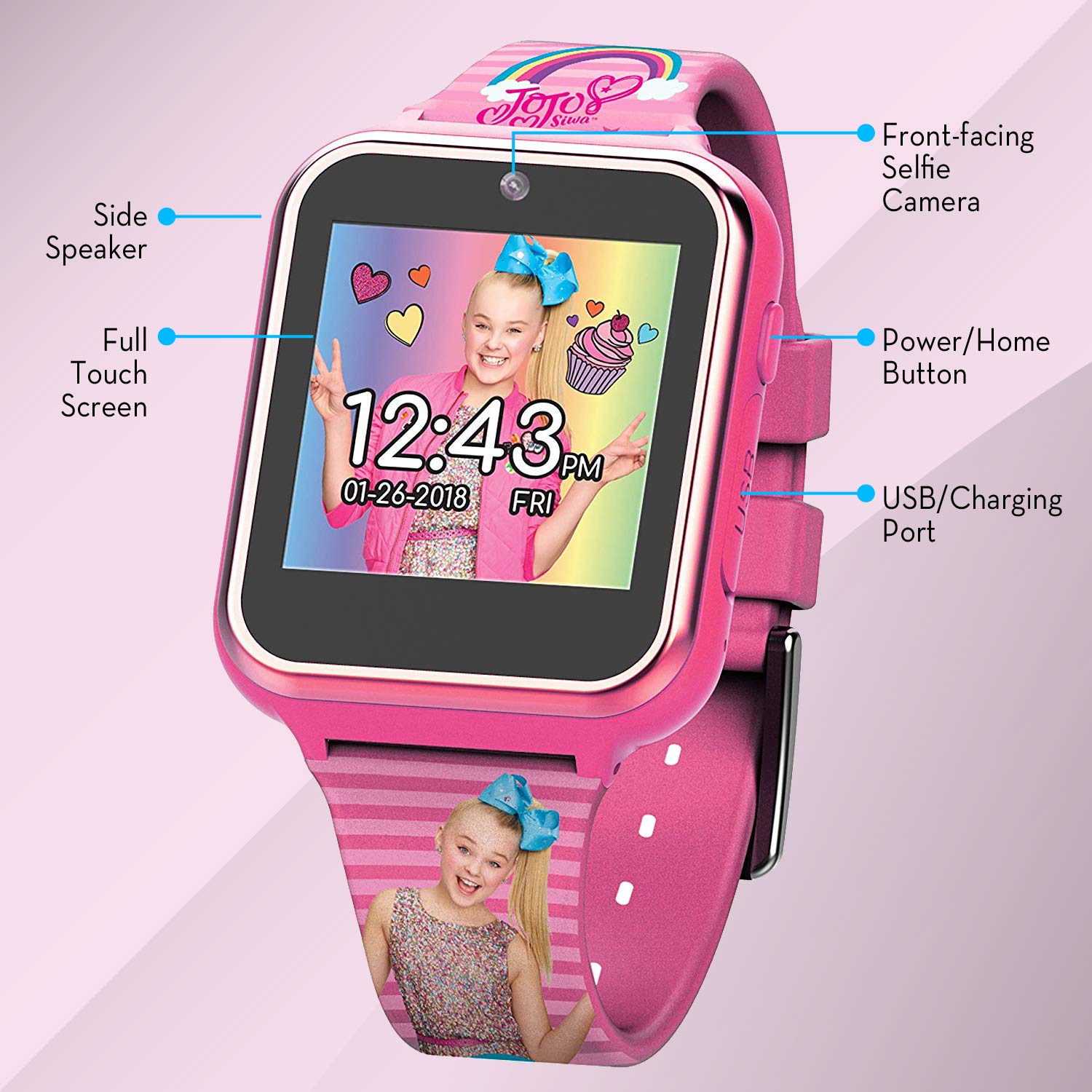 Jojo Siwa Kids Smartwatch With 10 Watch Faces, Step Counter, Selfie And Video Camera, Voice Recorder, Alarm, Timer, Stopwatch, C