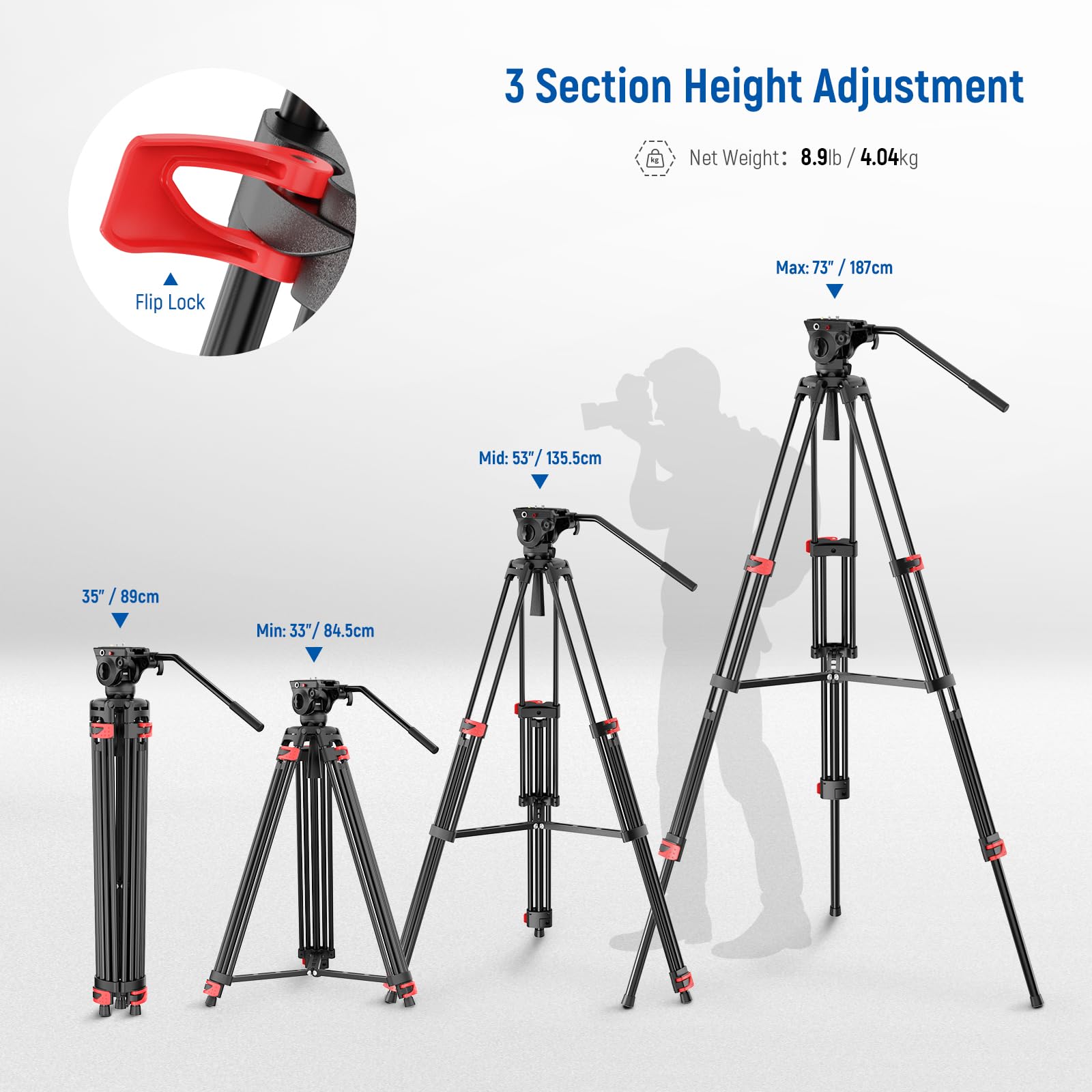 Neewer 74'' Video Tripod With Fluid Head [Basic Version], Metal Camera Tripod With Smooth Friction Damping, Mid Level Spreader,