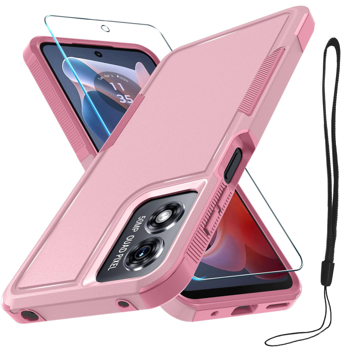Rmocr Case Compatible With Moto G Play 2024, Full Body Heavy Duty Rugged Shockproof Protective Phone Cover With Lanyard Strap,Te