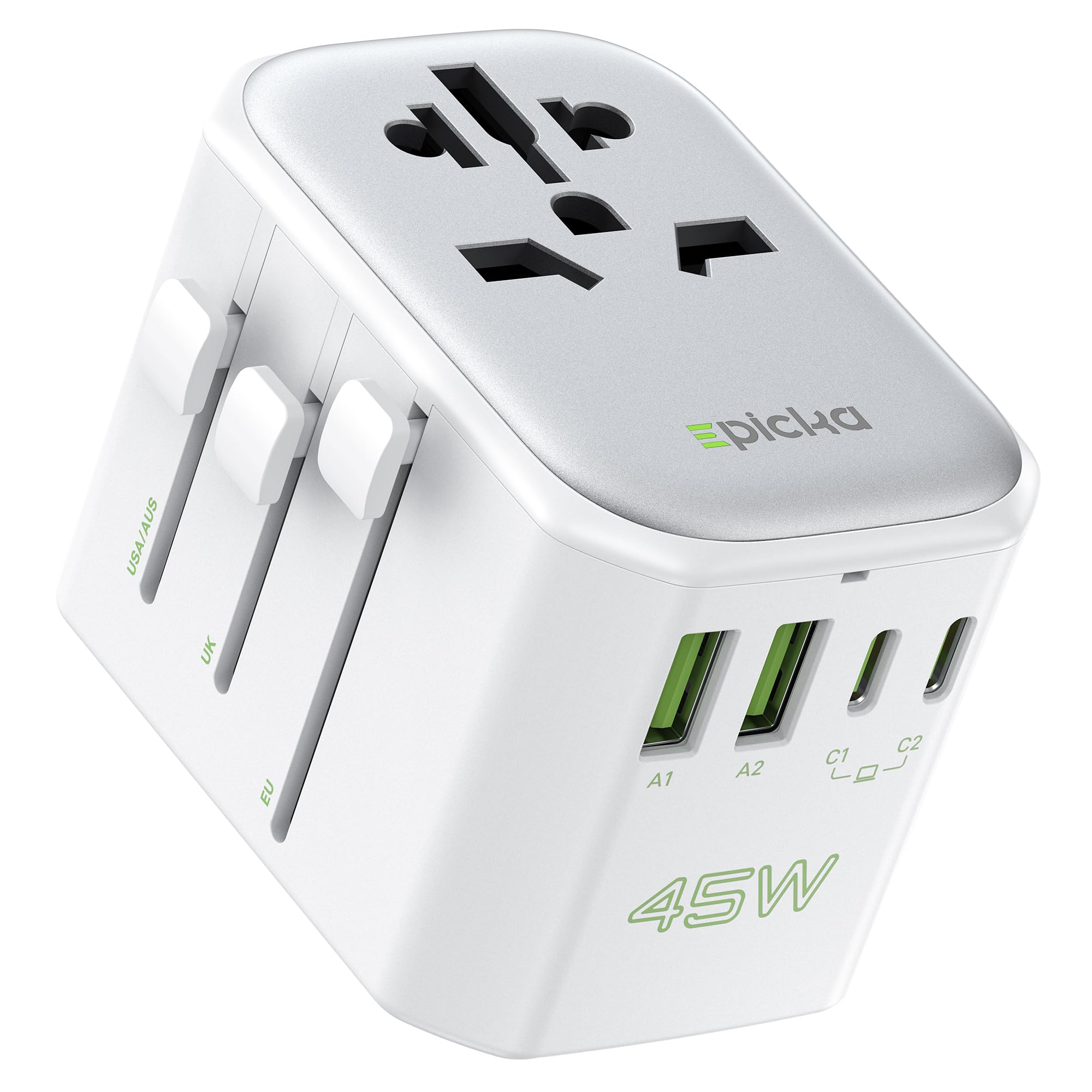 EPICKA Pulse 45W European Travel Plug Adapter, Universal Power Adapter with PD Fast Charging, 5-Port (1 AC/2 USB-A/2 USB-C) Inte