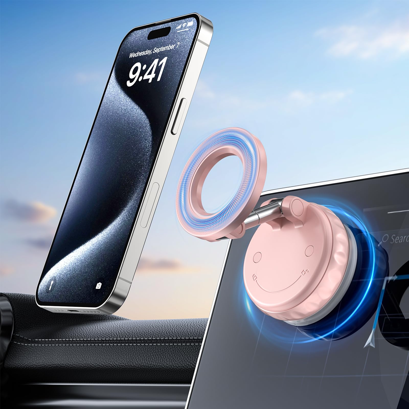 Vacuum Suction Magnetic Phone Holders For Your Car, 360 Adjustable Car Phone Holder, Suction Cup Car Phone Mount (Pink)