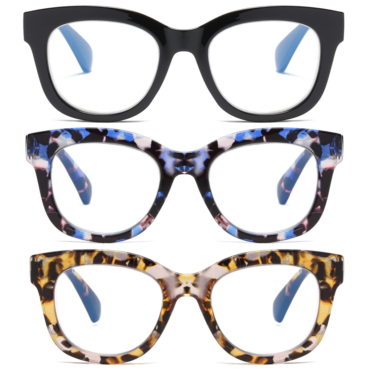 Zxyoo Oversized Reading Glasses For Women,3 Pack Blue Light Blocking Computer Spring Hinge Readers(Blackviolet Leopardy Leopard3