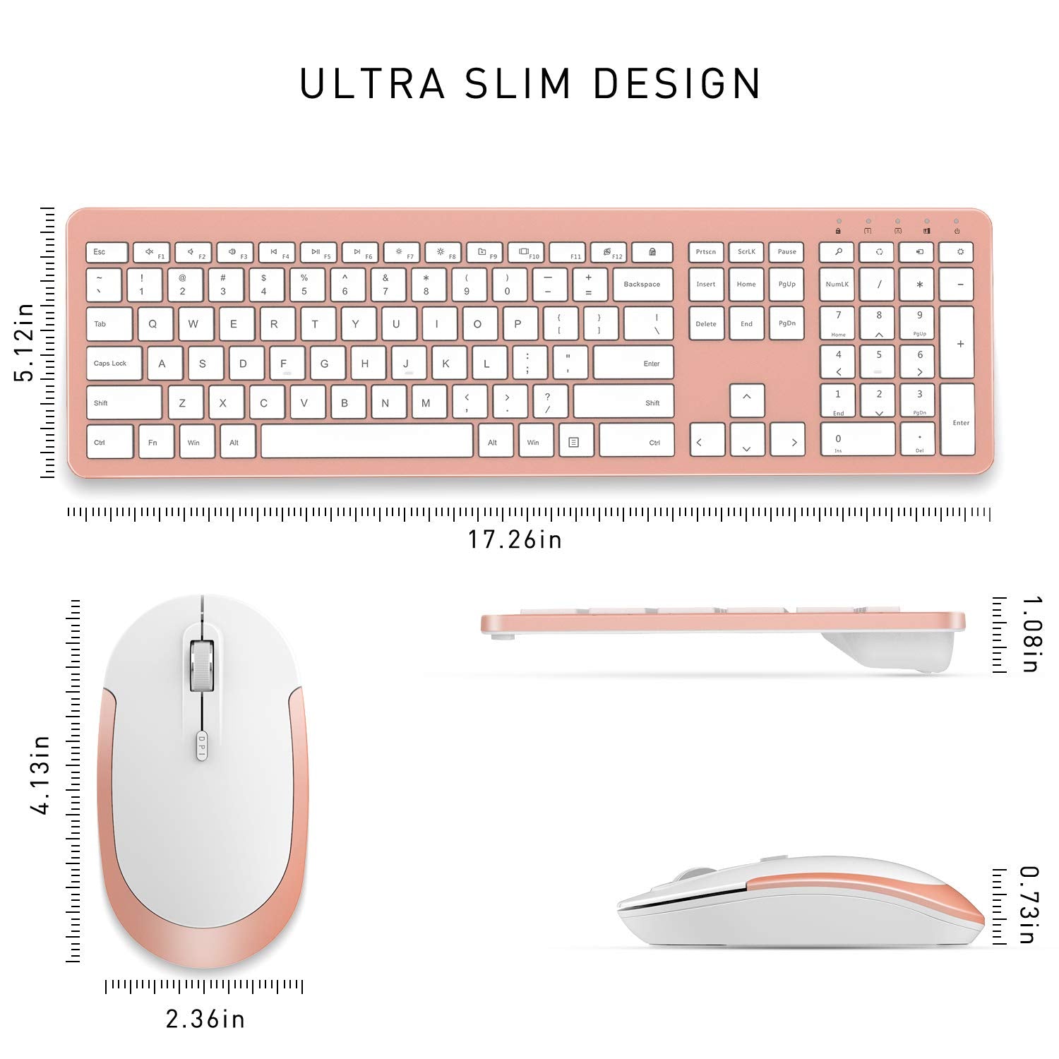 Wireless Keyboard And Mouse Combo   Full Size Slim Thin Wireless Keyboard Mouse With Numeric Keypad 2.4G Stable Connection Adjustable Dpi   Rose Gold & White