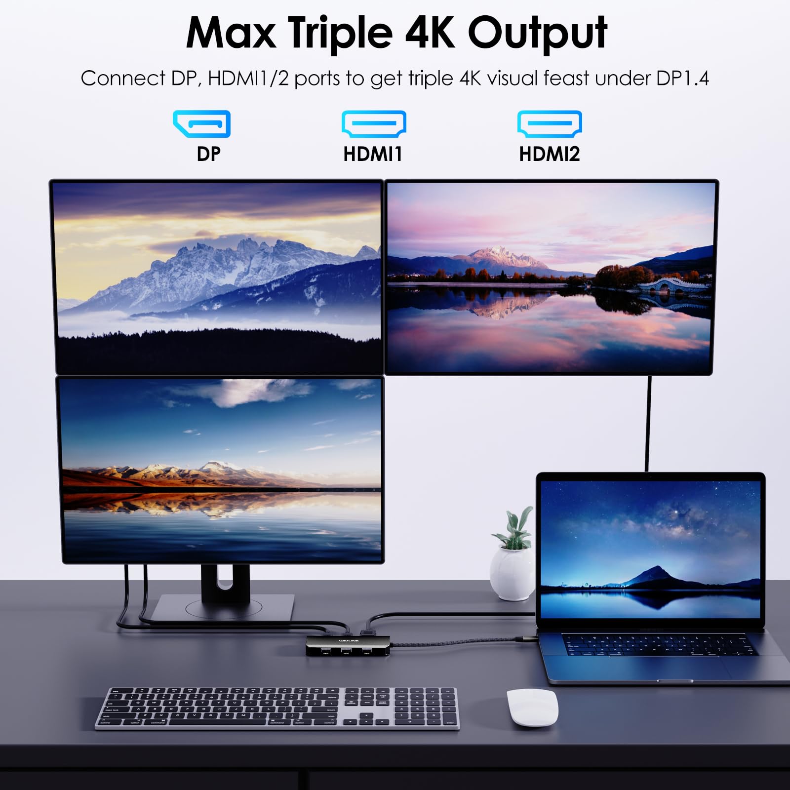 Wavlink Usb C Docking Station For Macbook Dell Xps 13/15, Lenovo Yoga, Hp Laptops, Usb C To Dual Hdmi Monitors For Windows, Usb C Hub Adapter With Dual Hdmi, Displayport, Vga, 3 Usb 2.0 Ports, Black