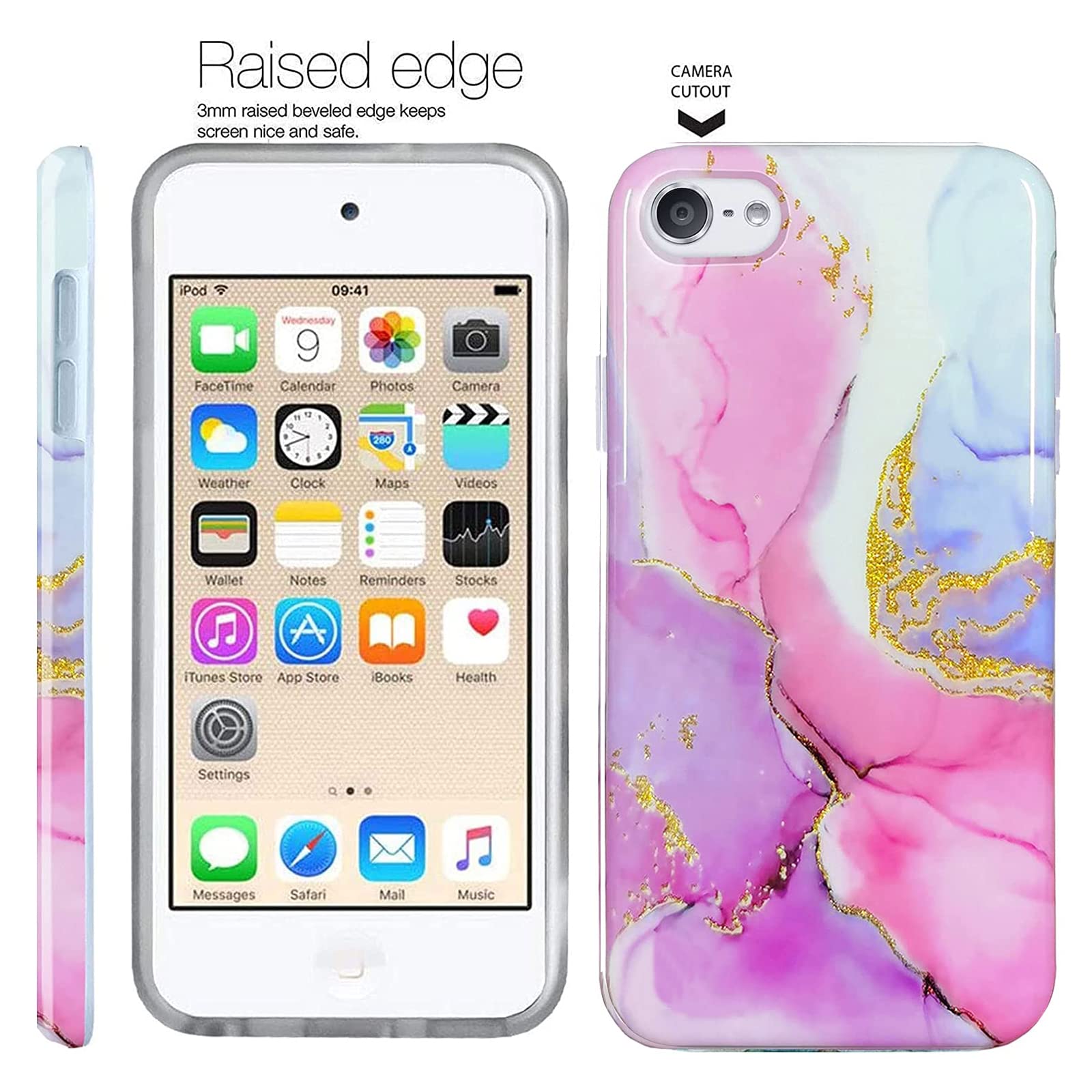 Ipod Touch 7Th Generation Case, J.West Ipod Touch 6 Ipod 5 Case, Sparkle Gold Glitter Pink Marble Design Slim Fit Anti Scratch F