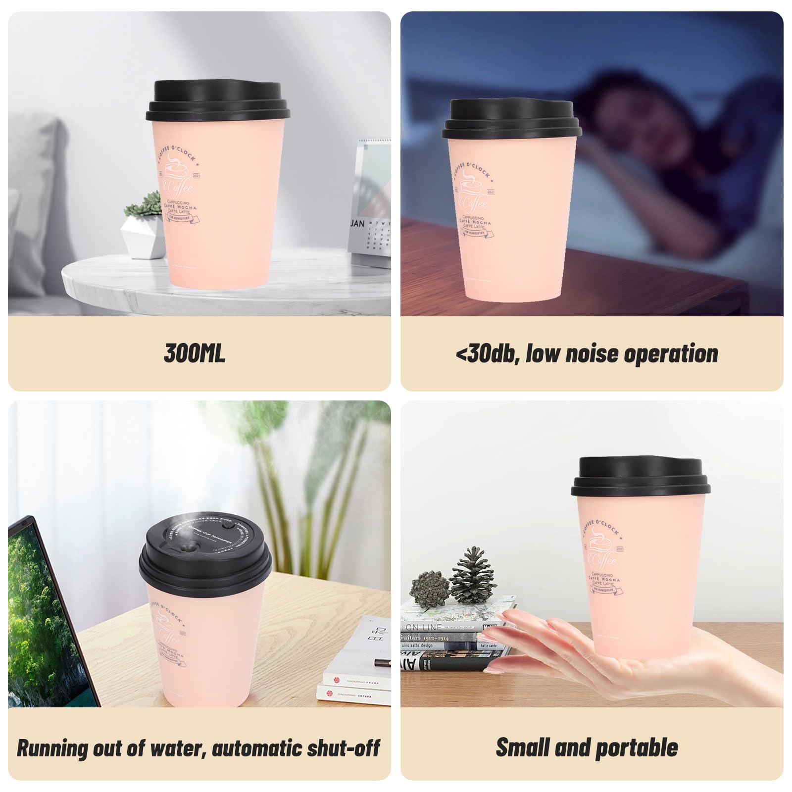 Humidifiers For Bedroom, 300Ml Cool Mist Humidifiers, Usb Mini Cute Coffee Cup Humidifier, Car Humidifier, Pink Desk Humidifier,