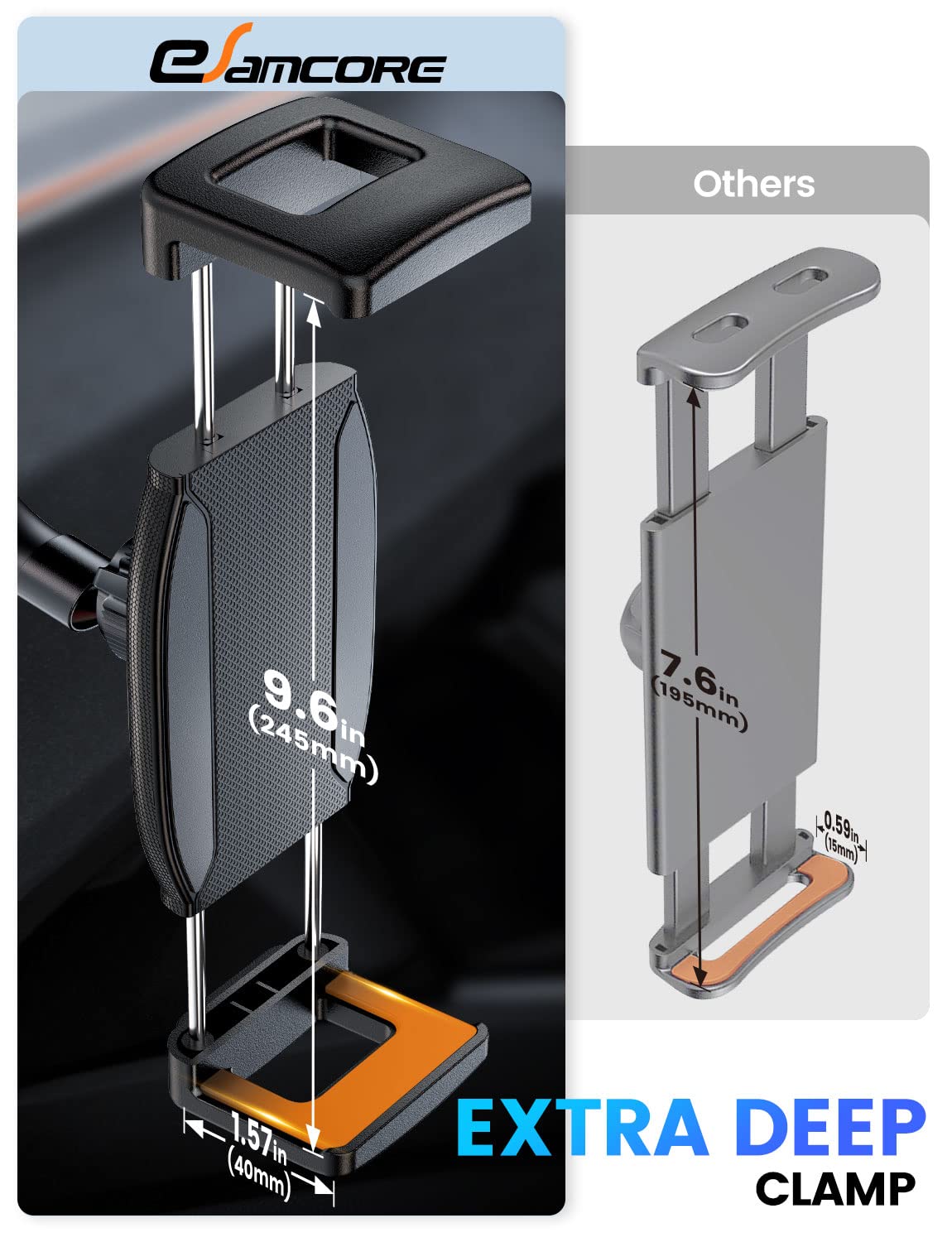 Esamcore Tablet Holder For Car, 1.57' Extra Deep Clamp For Ipad Holder For Car Dashboard Gooseneck Ipad Car Mount Car Tablet Holder Windshield Suction Cup Mount For 6' 11' Tablet