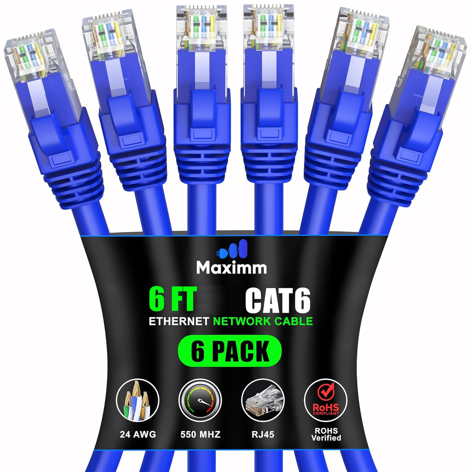 Maximm Cat 6 Ethernet Cable 6 Ft (6 Pack)   High Speed Lan Cable, Internet Cable, Patch Cable, And Network Cable   Utp, 10Gbps, 550Mhz Ethernet Cord   Blue