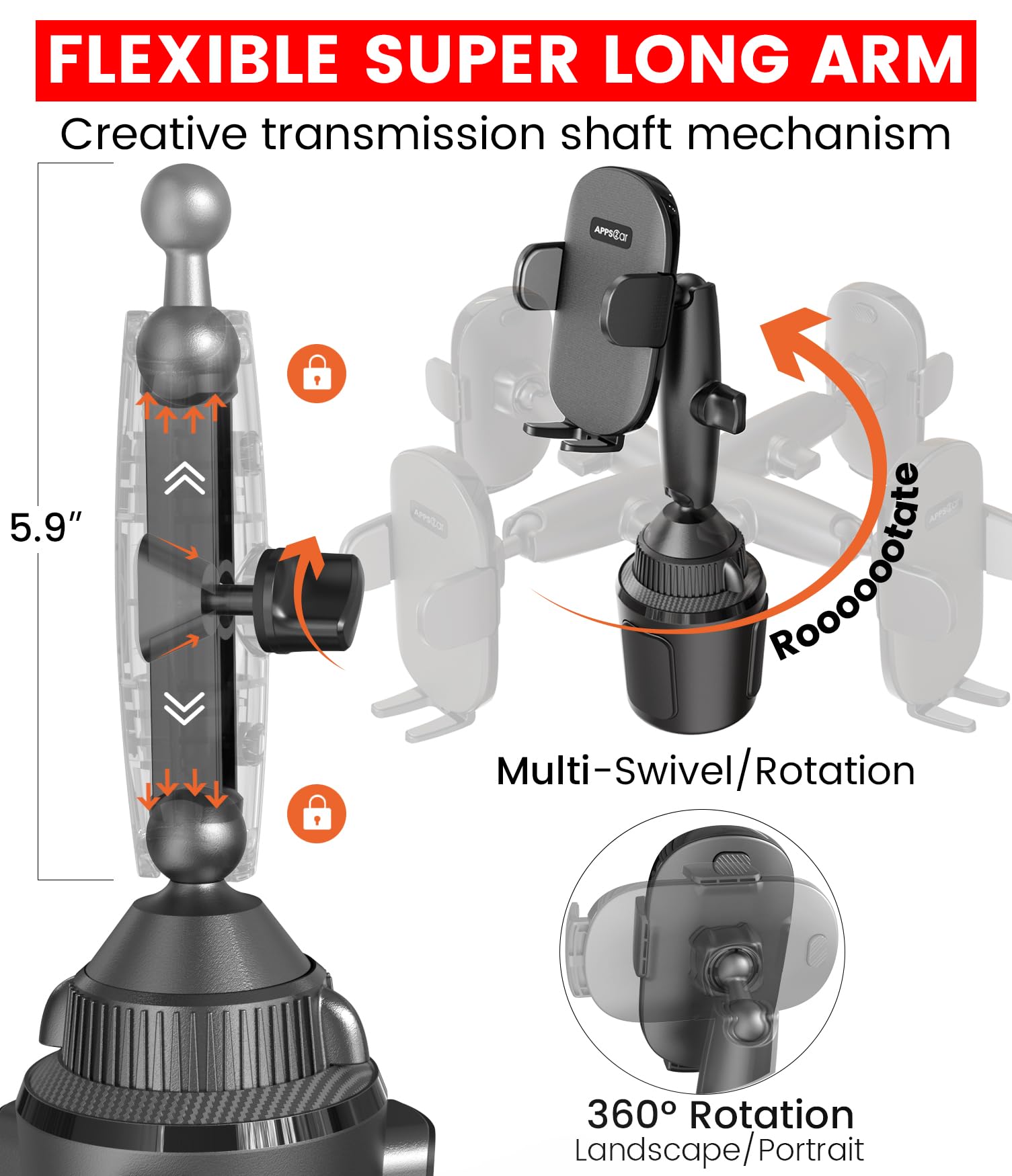 Apps2Car Sturdy Cup Phone Holder Mount For Car, Adjustable Height & Reach, Flexible Long Arm With Multi-Ball Pivot, One-Hand Ope
