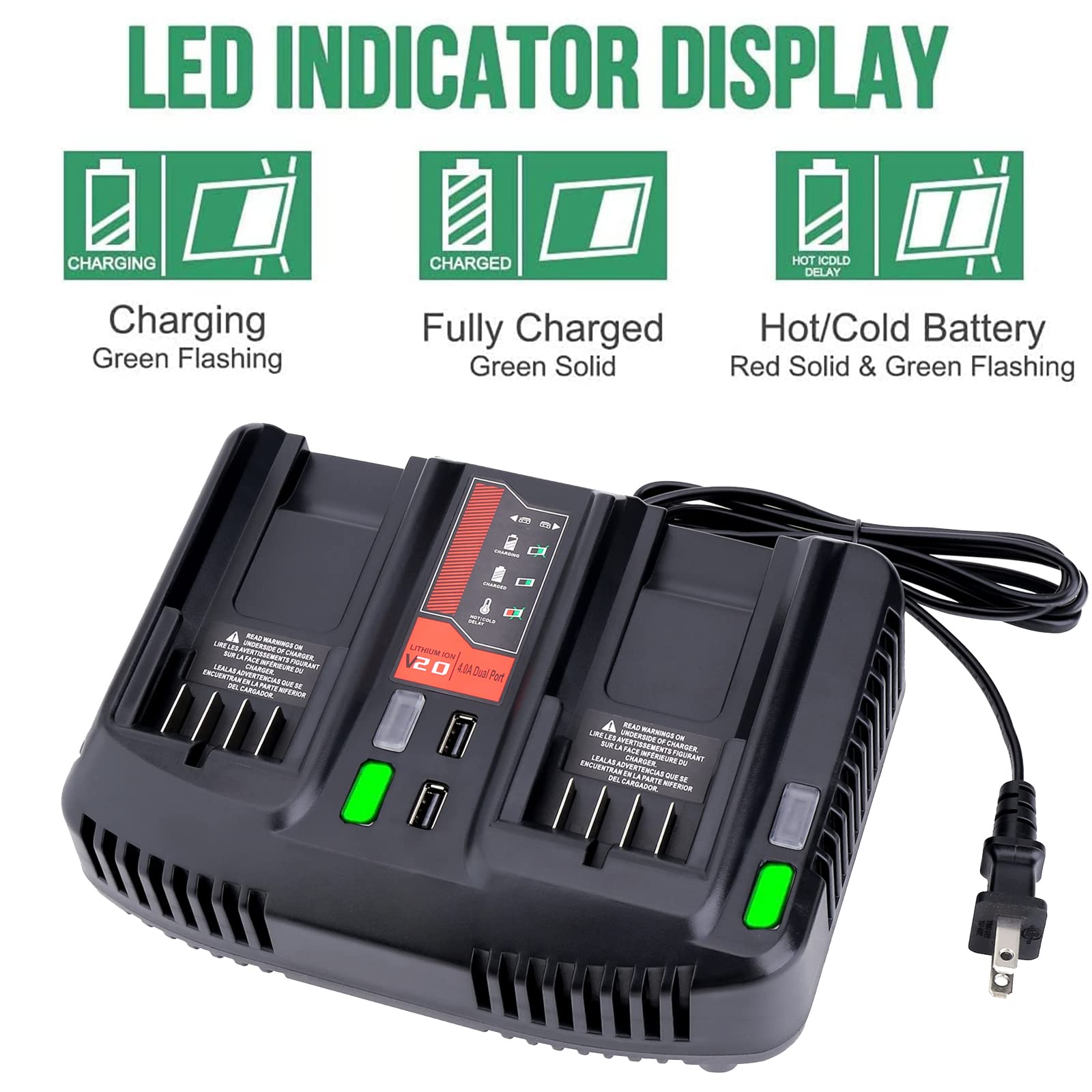 Gonocop Cmcb124 Dual Port V20 Battery Fast Charger Replacement For Craftsman 20V Max Lithium Cmcb202 Cmcb204 Cmcb206 With 2 Usb