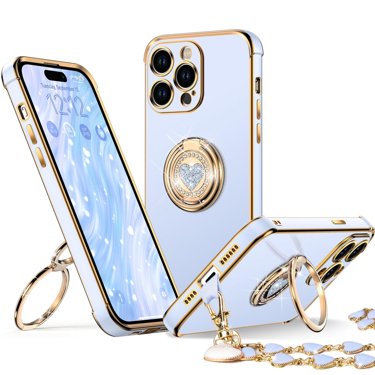 Xyz For Iphone 15 Pro Case With Stand, Phone Case With Double Ring Kickstand, Women Girl Cute Love Heart Luxury Bling Protective