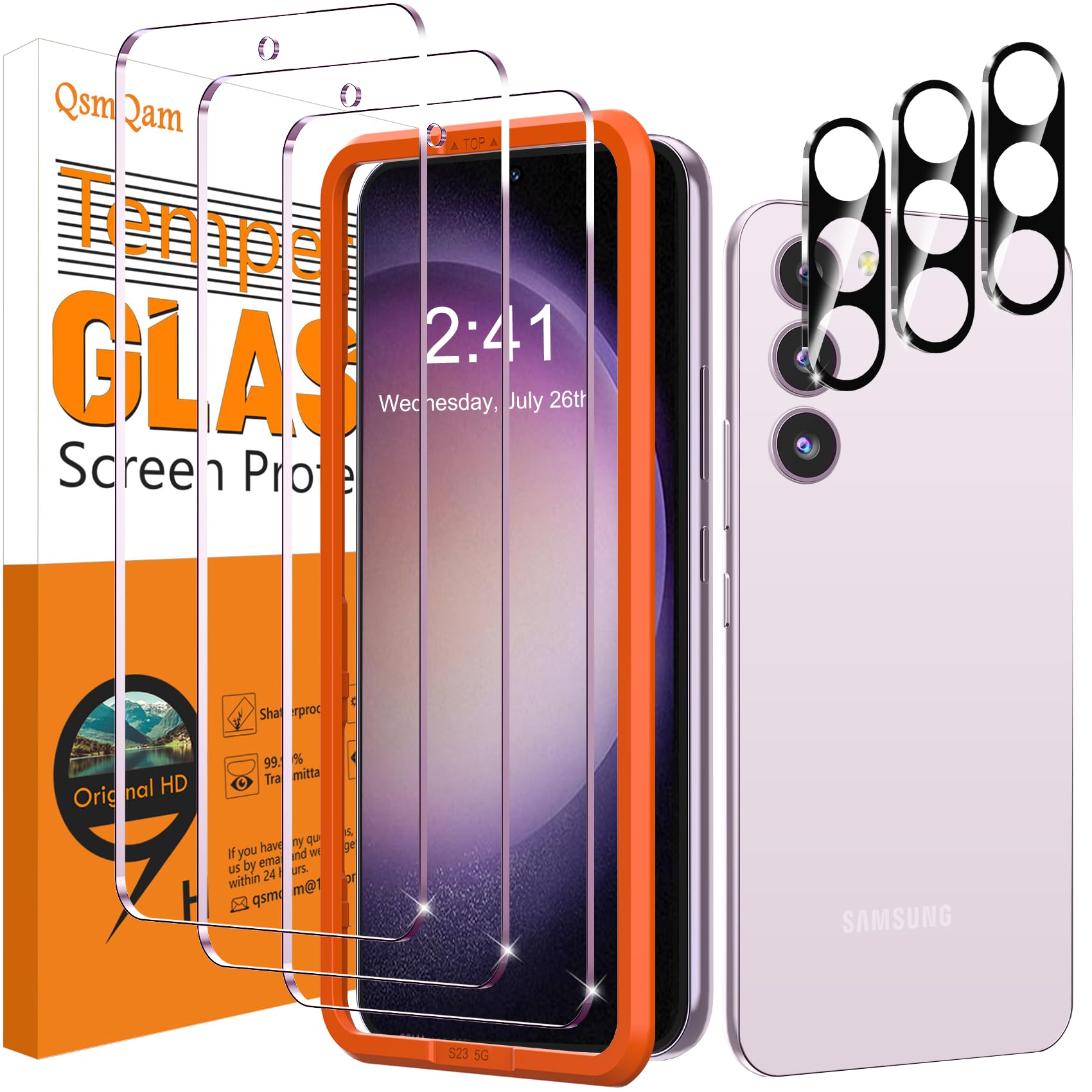 Qsmqam 3 Pack Screen Protector For Samsung Galaxy S23 Fe + 3 Pack Camera Lens Protector, Ultra Hd Tempered Glass, 9H Hardness, A