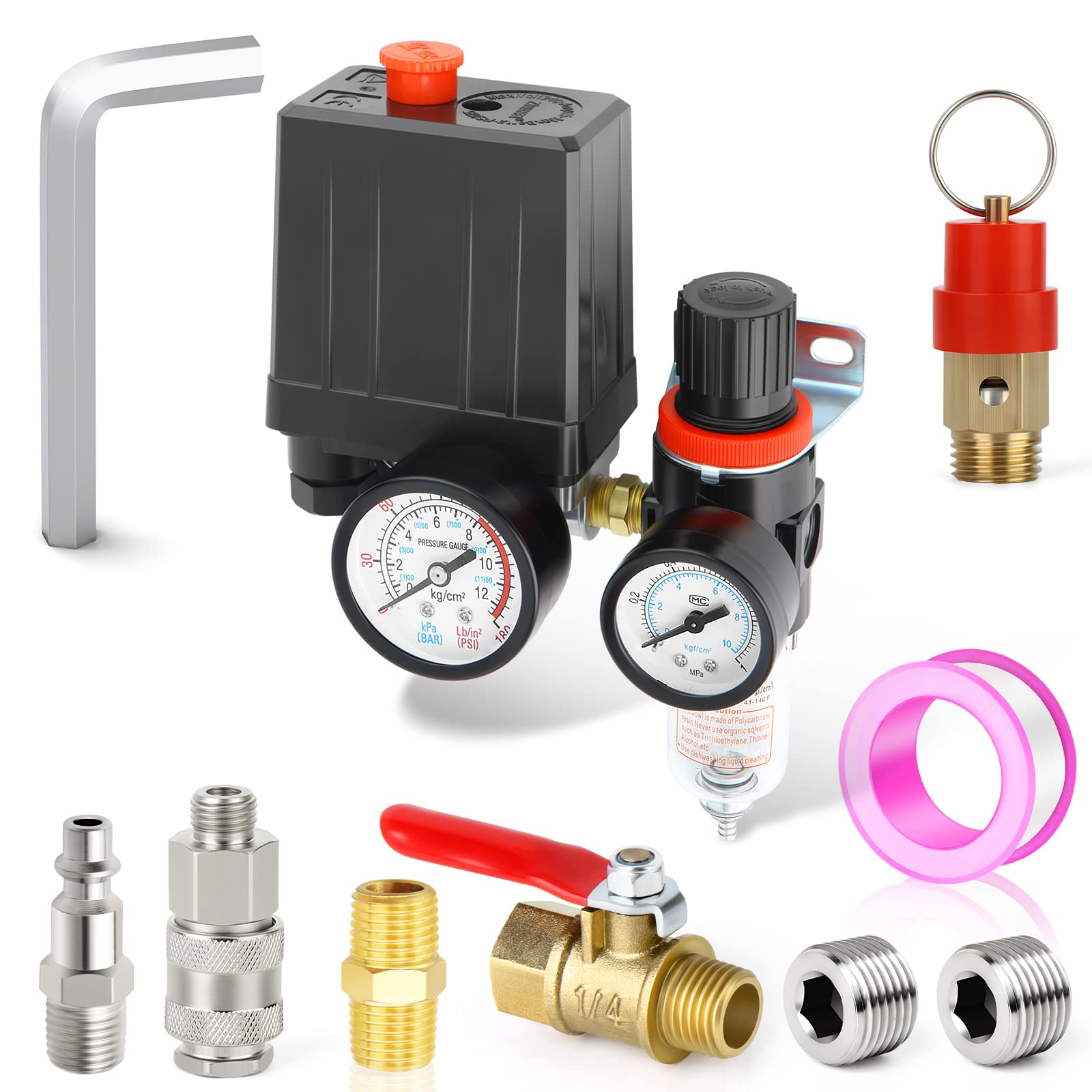 Meanlin Measure Air Compressor Pressure Switch Control Valve 90 120 Psi 110V 240V 4 Way Replacement Parts With 0 180 Psi Moistur