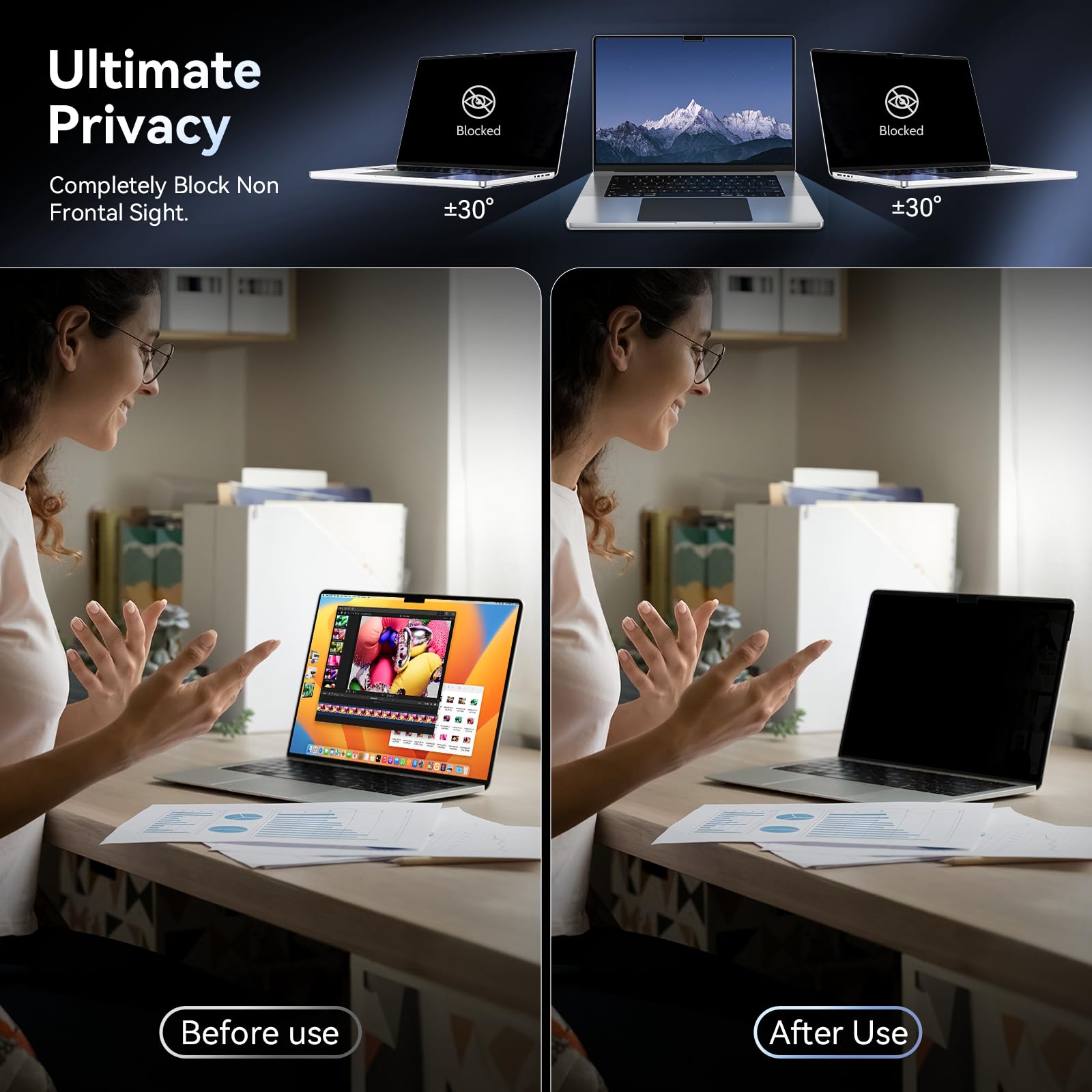 Privacy Screen Protector For Macbook Pro 14 Inch (2021 2024, M1, M2), Easy On/Off Removable Anti Spy Blue Light Glare Cover Shie