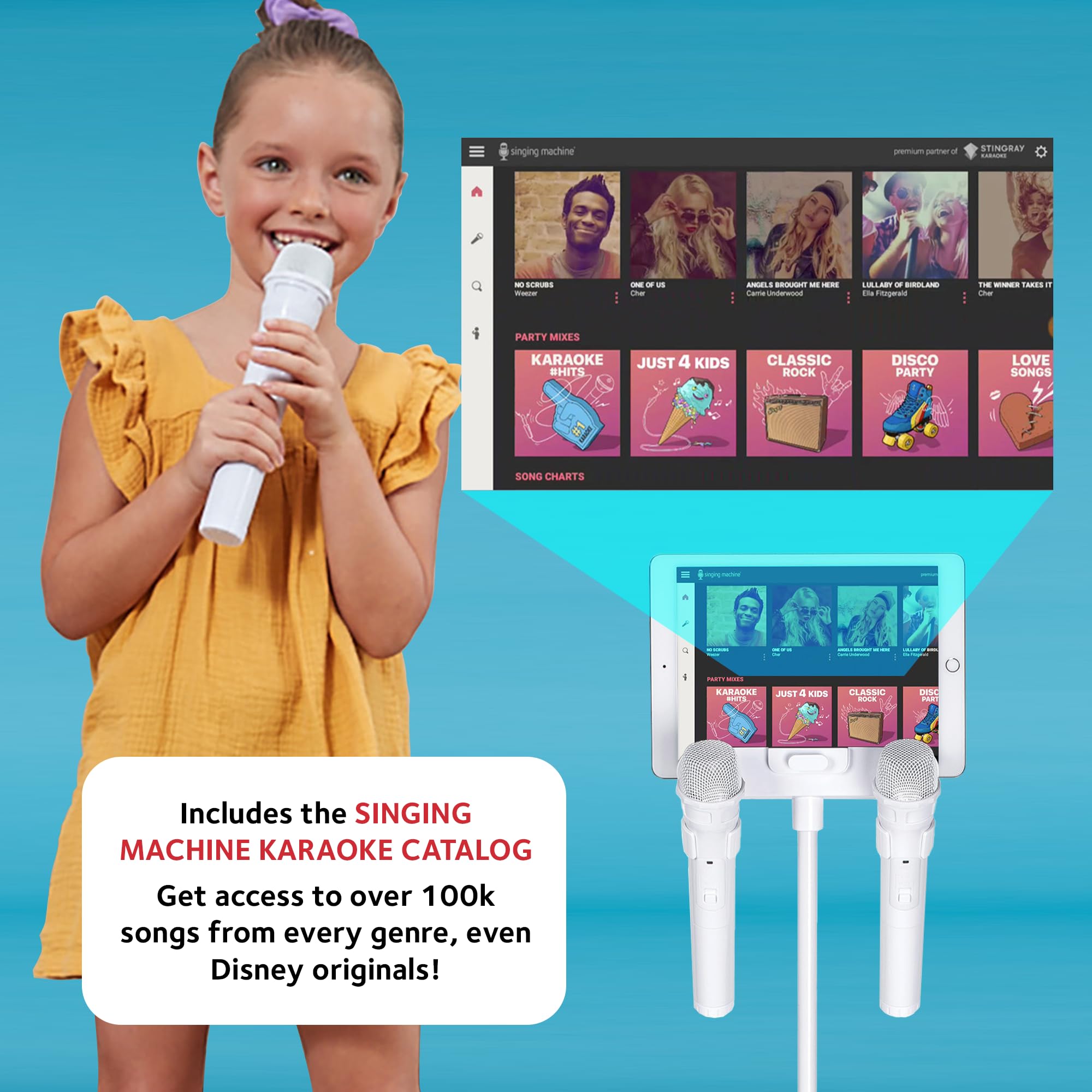 Singing Machine Portable Karaoke System - 150W Bluetooth Speaker with 2 Wireless Microphones, LED Lights, White, Model ISM2040