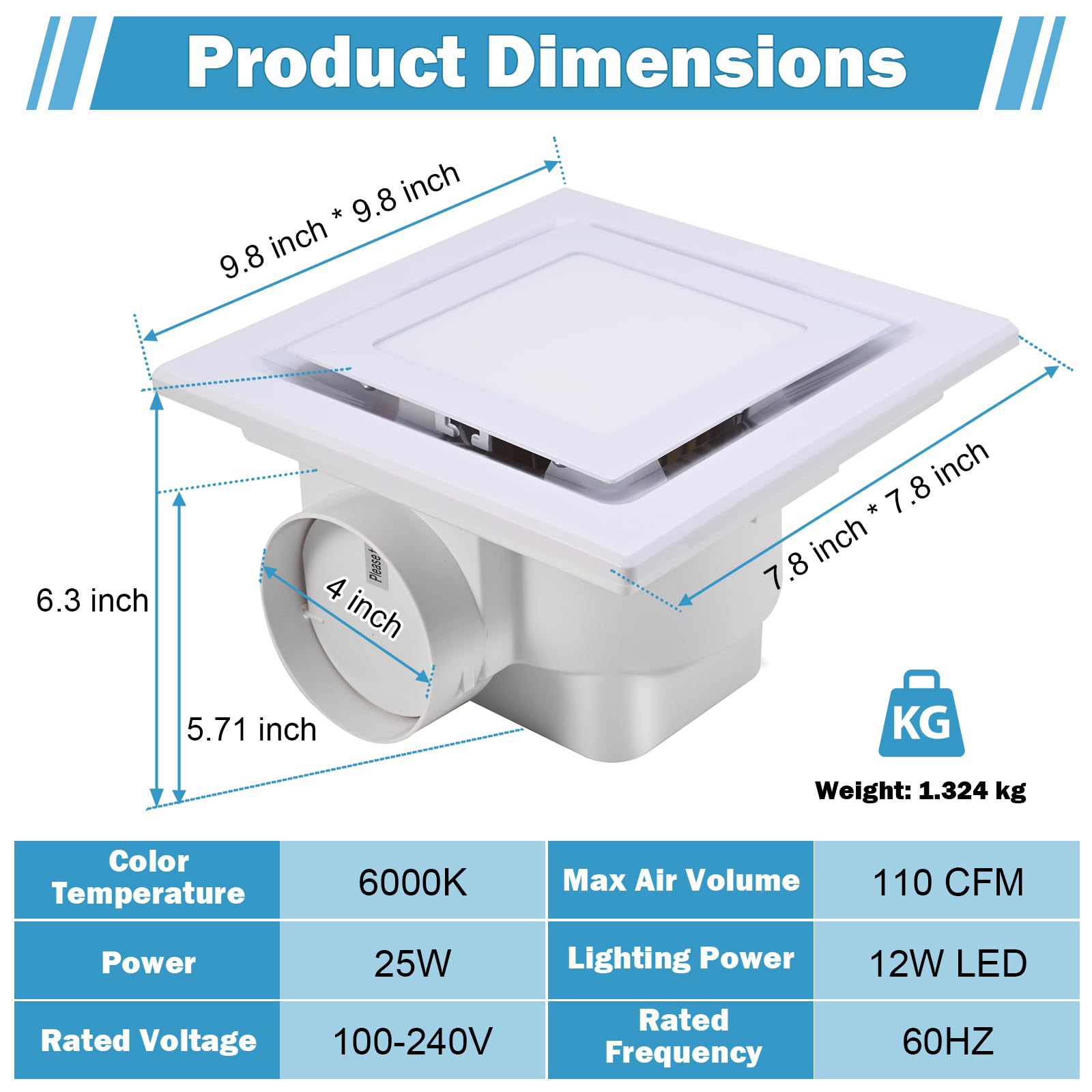 Feiton Bathroom Exhaust Fan With Light, Ceiling Mount, 110 Cfm 1.0 Sones 4 Inch Duct, Quiet Square Bath Fan Light Combo, Shower