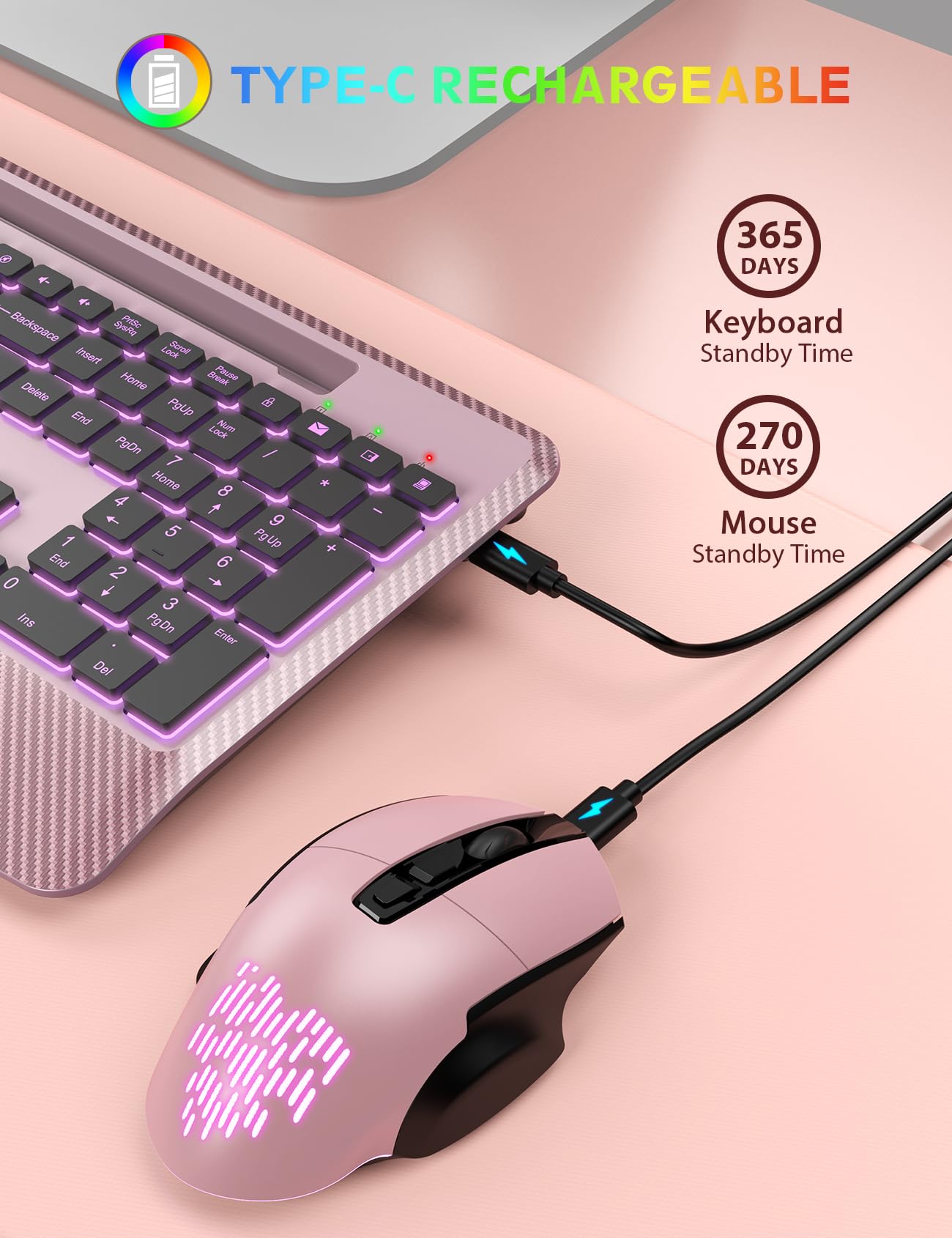 Wireless Keyboard And Mouse Backlits, Wrist Rest, Jiggler Mouse, Rechargeable Ergonomic Keyboard With Phone Holder, Silent Light