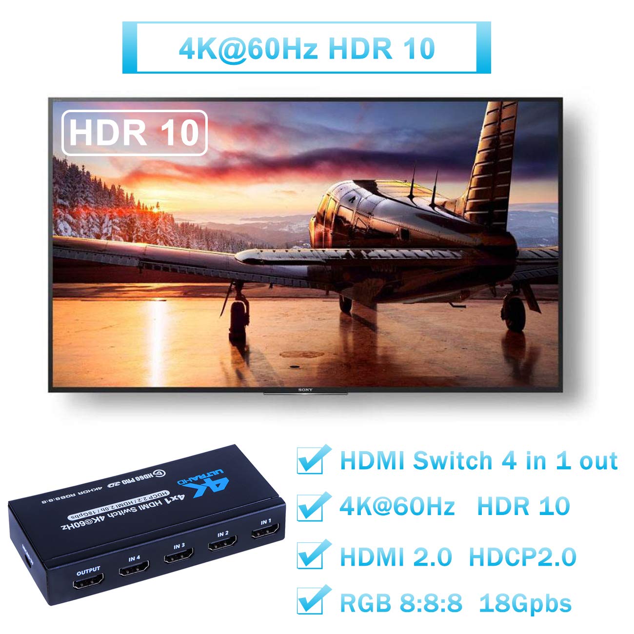 4K Hdmi Switch 4X1, 4K@60Hz 4 In 1 Out Hdmi Switcher Selector With Ir Remote Control, Supports Hdcp 2.2 4K@60Hz Ultrahd Hdr10 3D