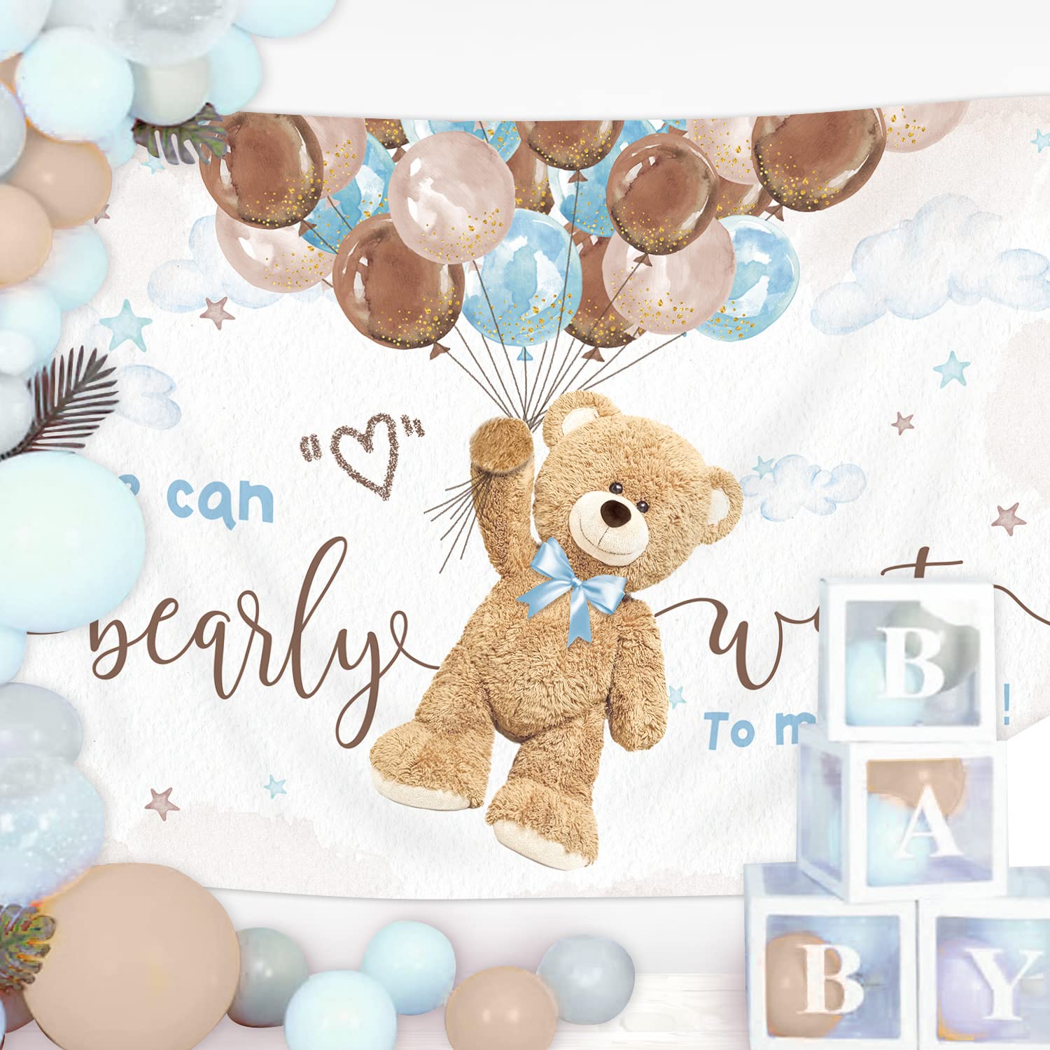 Imirell Bear Baby Shower Backdrop 7Wx5H Feet Boys We Can Bearly Wait To Meet You Cute Cartoon Lovely Balloons Polyester Fabric K