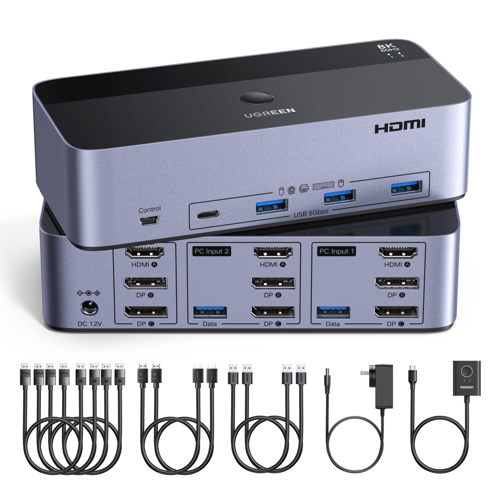 UGREEN 8K@60Hz HDMI Displayport KVM Switch 3 Monitors 2 Computers, Aluminum