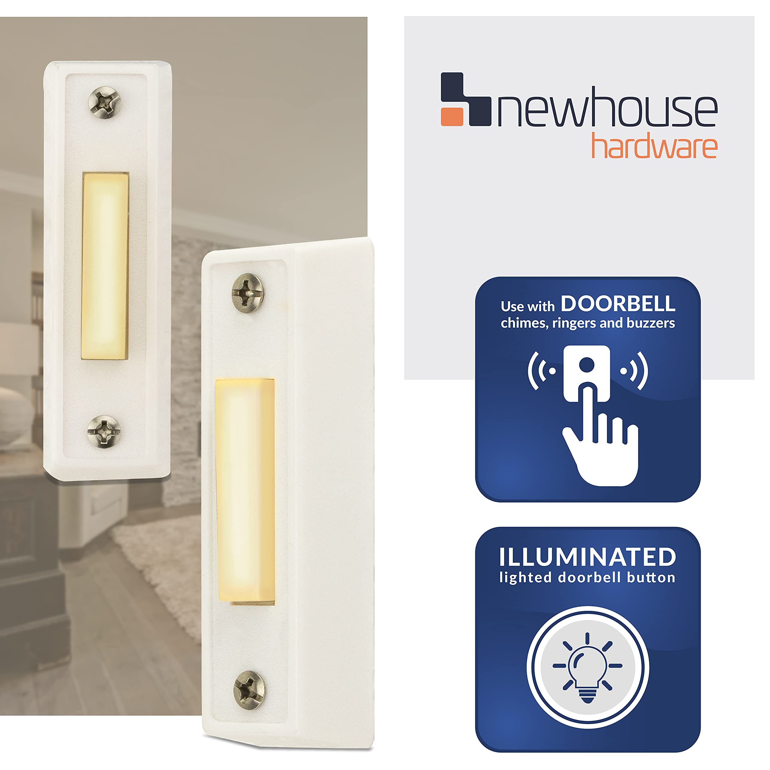Newhouse Hardware Led Lighted Sturdy Plastic Door Chime Push Button Bt3Wl White | Classic Rectangular Lighted Door Bell Button |