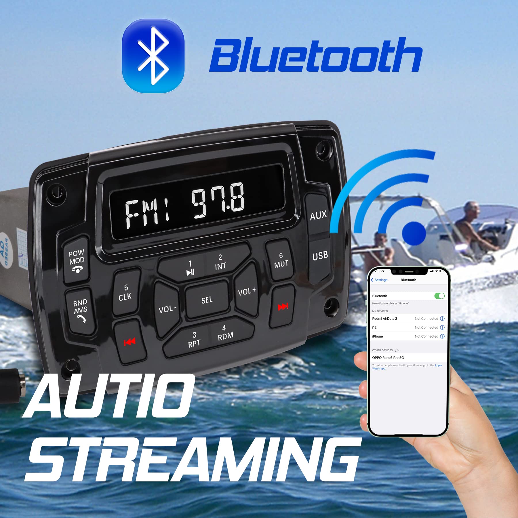 Citreal Marine Stereo Audio Radio Bluetooth Car Stereo Receivers Waterproof Player Mp3 Boat Media With Am/Fm Music Radio Usb Inp