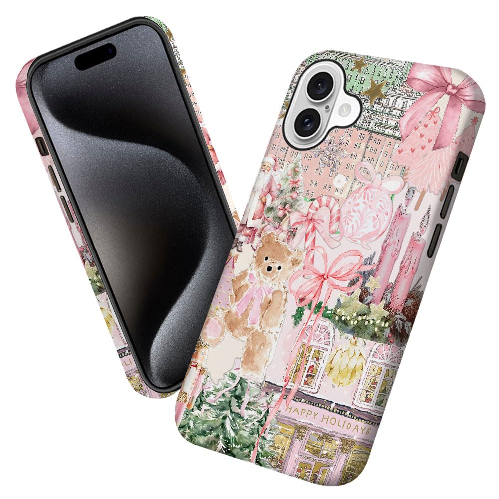Case for iPhone 16,Pink Tree Christmas Holiday Phone Case Military-Grade Drop Protection Cover for Women Girl - Frosted