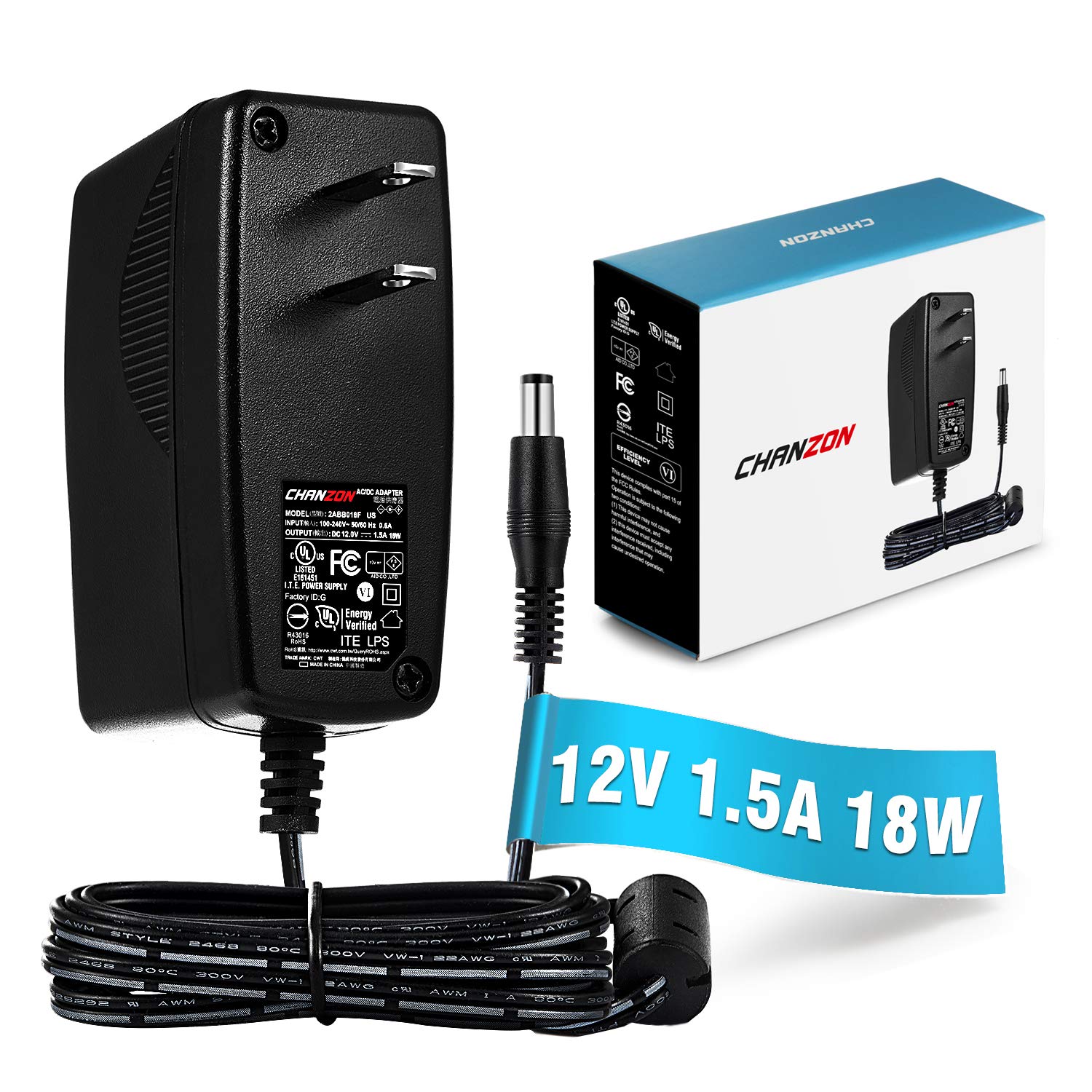 Chanzon 12V 1.5A 18W Power Supply Ac Dc Switching Adapter, 12 Volt 1.5 Amp Ac/Dc Wall Wart Converter Transformer, 100 240V 50 60Hz Input With 12Vdc 1500Ma Output