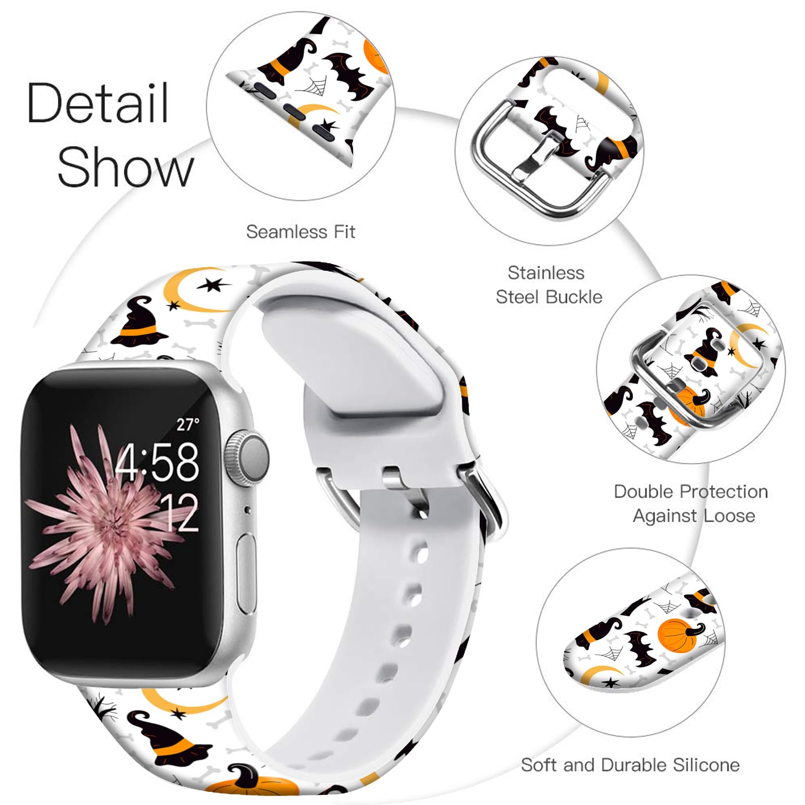 Ftfcase Fall Halloween Floral Silicone Bands Compatible With Apple Watch 49Mm 45Mm 44Mm 42Mm, Pumpkin Witch Hat Flower Sport Str