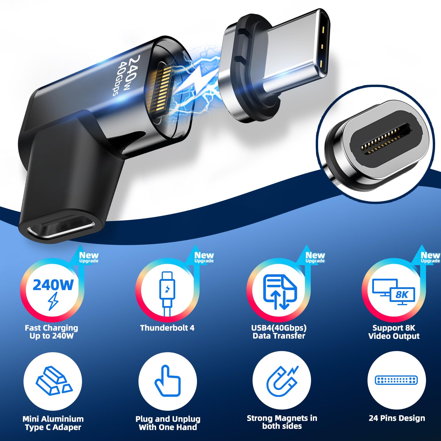 Duhesin 240W Usb C Magnetic Adapter, (2 Pack) Magnetic Usb C Adapter Right Angle 24Pin With Usb4 40Gbps 8K 60Hz For Iphone 16/15 Series, Thunderbolt 3/4, Macbook Pro/Air And More Type C Devices