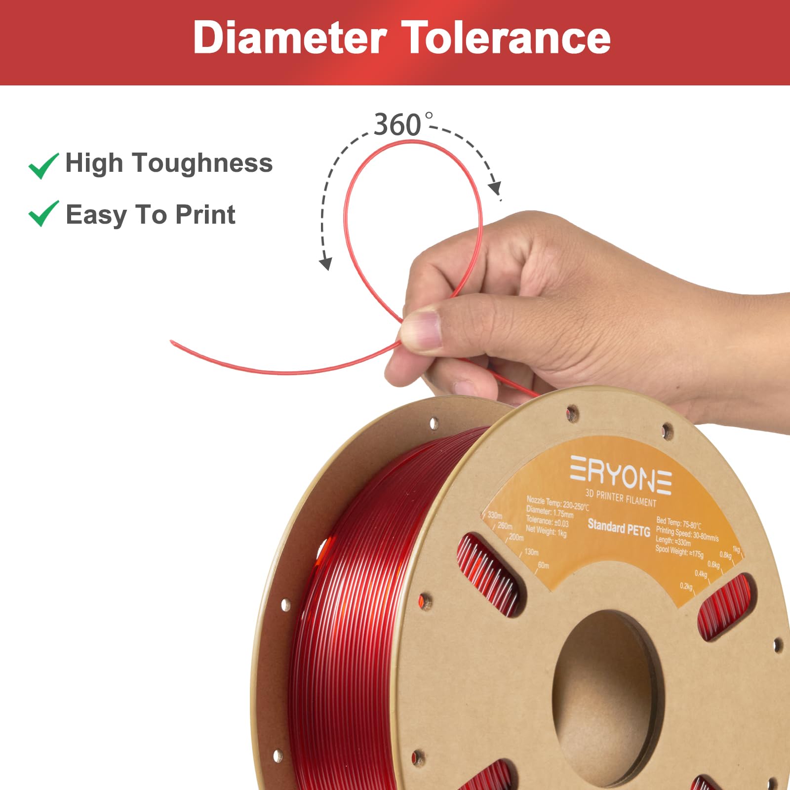 Eryone Petg Filament For 3D Printer, 1.75Mm +/ 0.03Mm, 1Kg(2.2Lbs)/Spool, Transparent Red