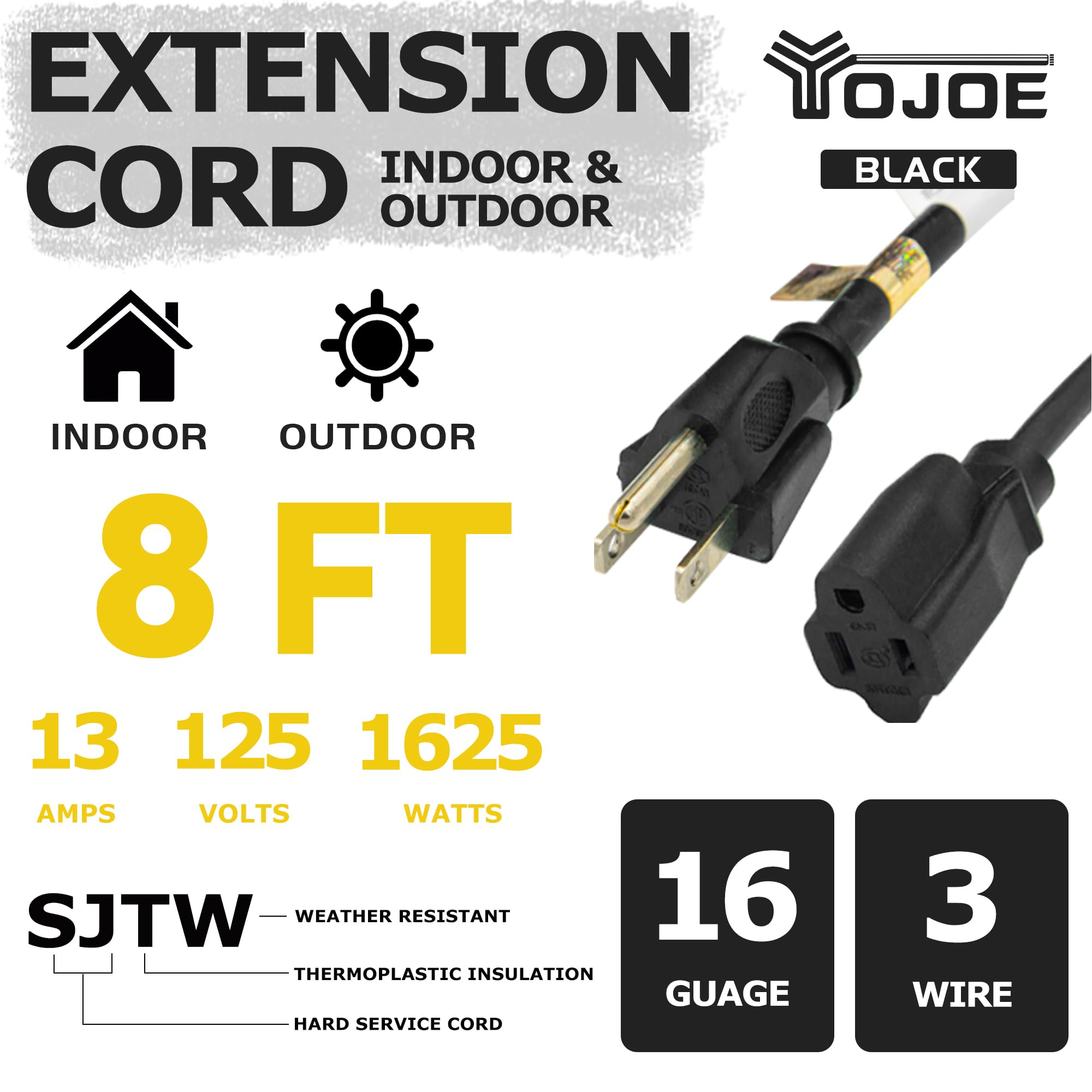 Yojoe Indoor Outdoor Extension Cord, 3 Prong 13A Weatherproof Power Extension Cord, 16 Gauge Heavy Duty 8 Ft Black Extension Cor
