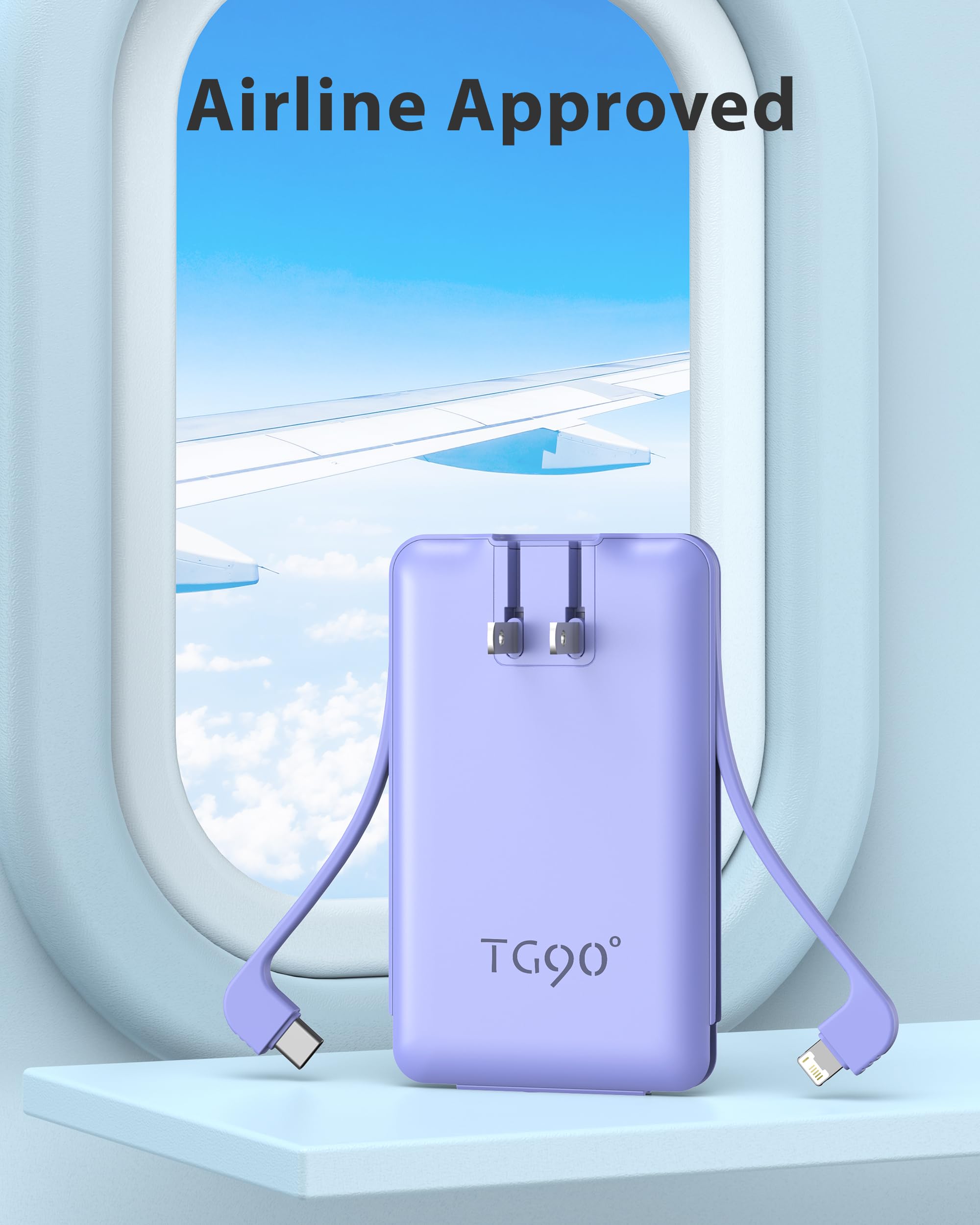 Tg90 Ultra Mini Power Bank With Built In Foldable Ac Wall Plug And Cables, 5000Mah 3 Outputs External Battery Pack Portable Phon