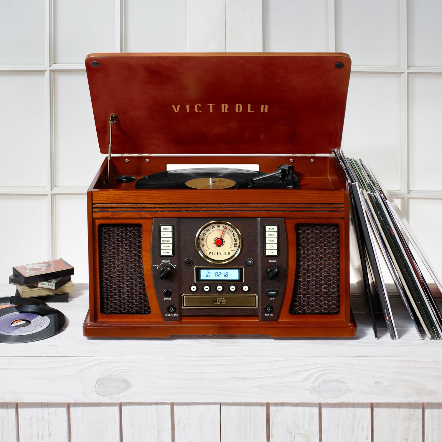 Victrola Aviator 8 In 1 Bluetooth Record Player & Multimedia Center With Built In Stereo Speakers   3 Speed Turntable, Vinyl To