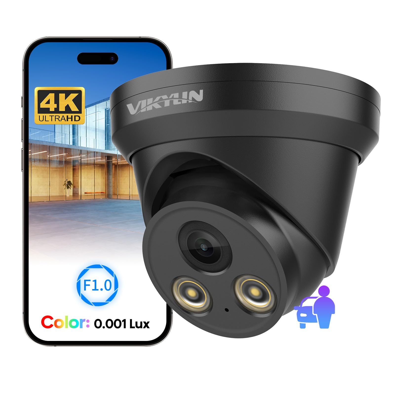 Vikylin 8Mp Full Color Ip Poe Ai Turret Camera(Black),F1.0 Aperture 98Ft Color Night Vision,Built In Mic,Human/Vehicle Detection