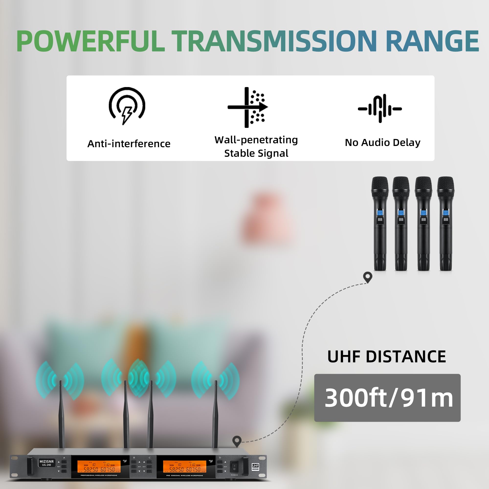 MIZISNR 4-Channel Wireless Microphone System, UHF Handheld Mics, 200 Frequencies, 300ft Range, Metal, Black, Model UG-240
