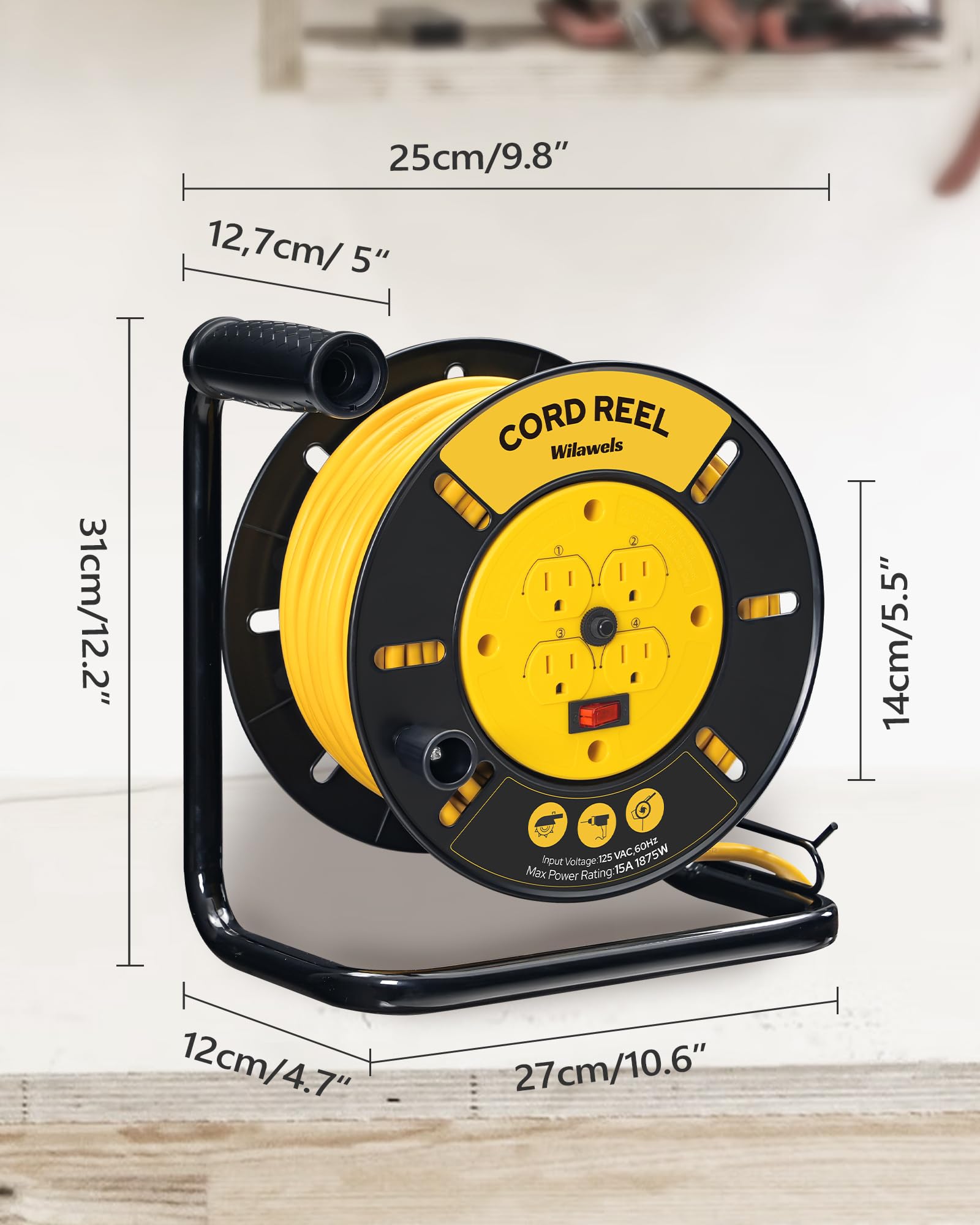 WILAWELS Extension Cord Storage Reel 4-Grounded Outlets 15A Circuit Breaker Heavy Duty Hand Wind Yellow Y95CR06