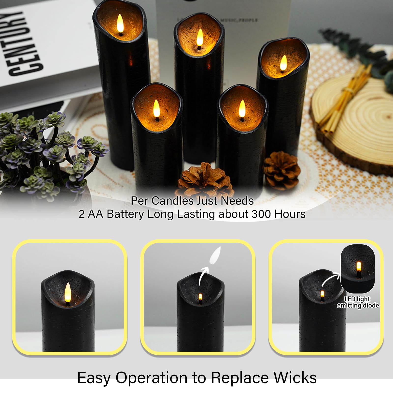 Nimiko Flickering Flameless Candles With Remote Control And Timer Set Of 5 Pc Real Wax Led Pillar Candles, Battery Operated Cand