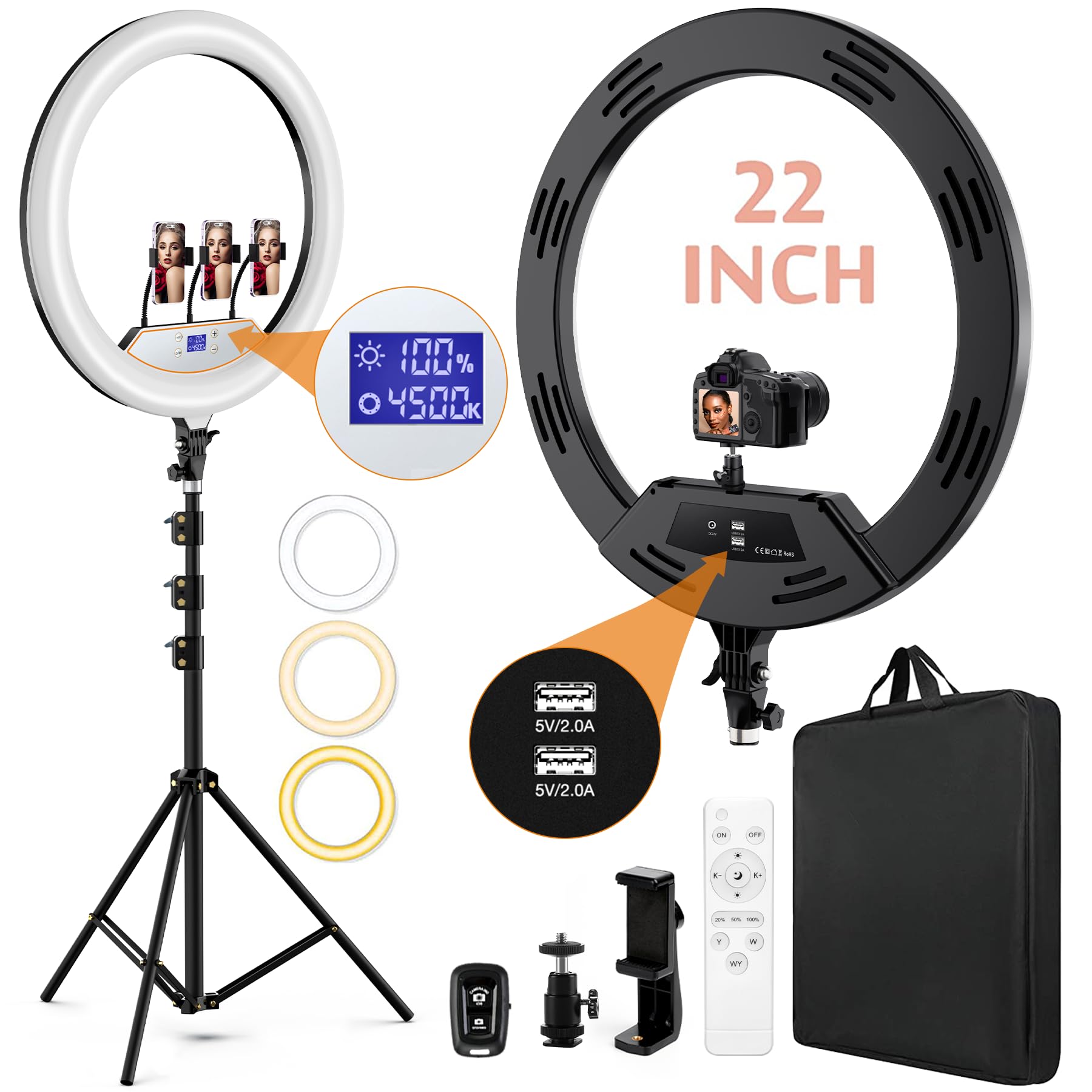 22'' Led Ring Light With Stand 75'' Tripod For Iphone,Lcd Display/3+1 Phone Clips/ 2 Usb Ports/Wireless Remote, Adjustable 2600K