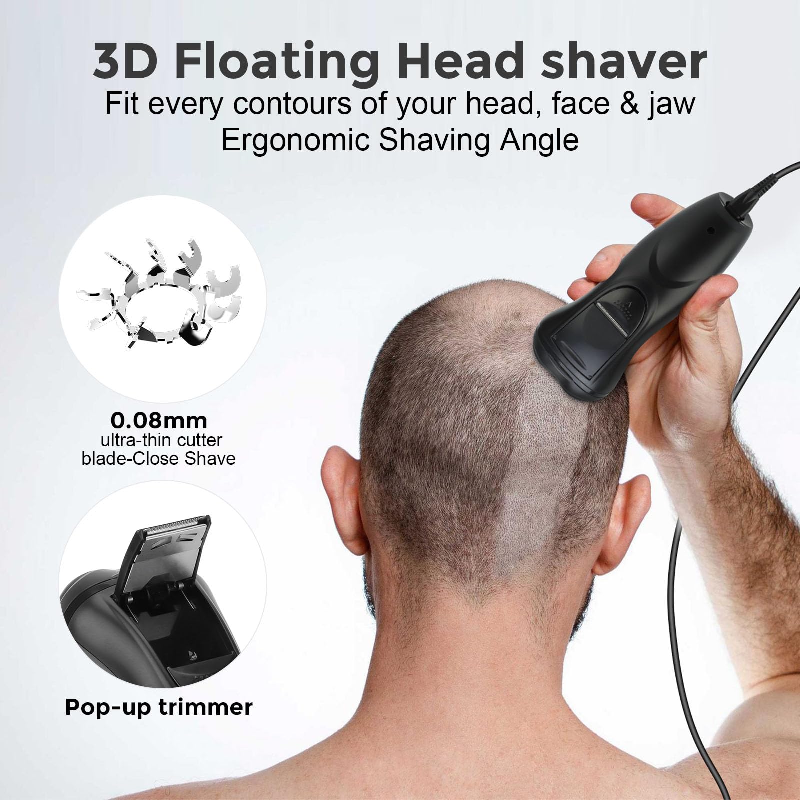 Bluefire Head Shaver For Bald Men, Corded 3D Electric Rotary Shavers With Pop Up Trimmer,Bald Head Close Shaver For Men, Rotary