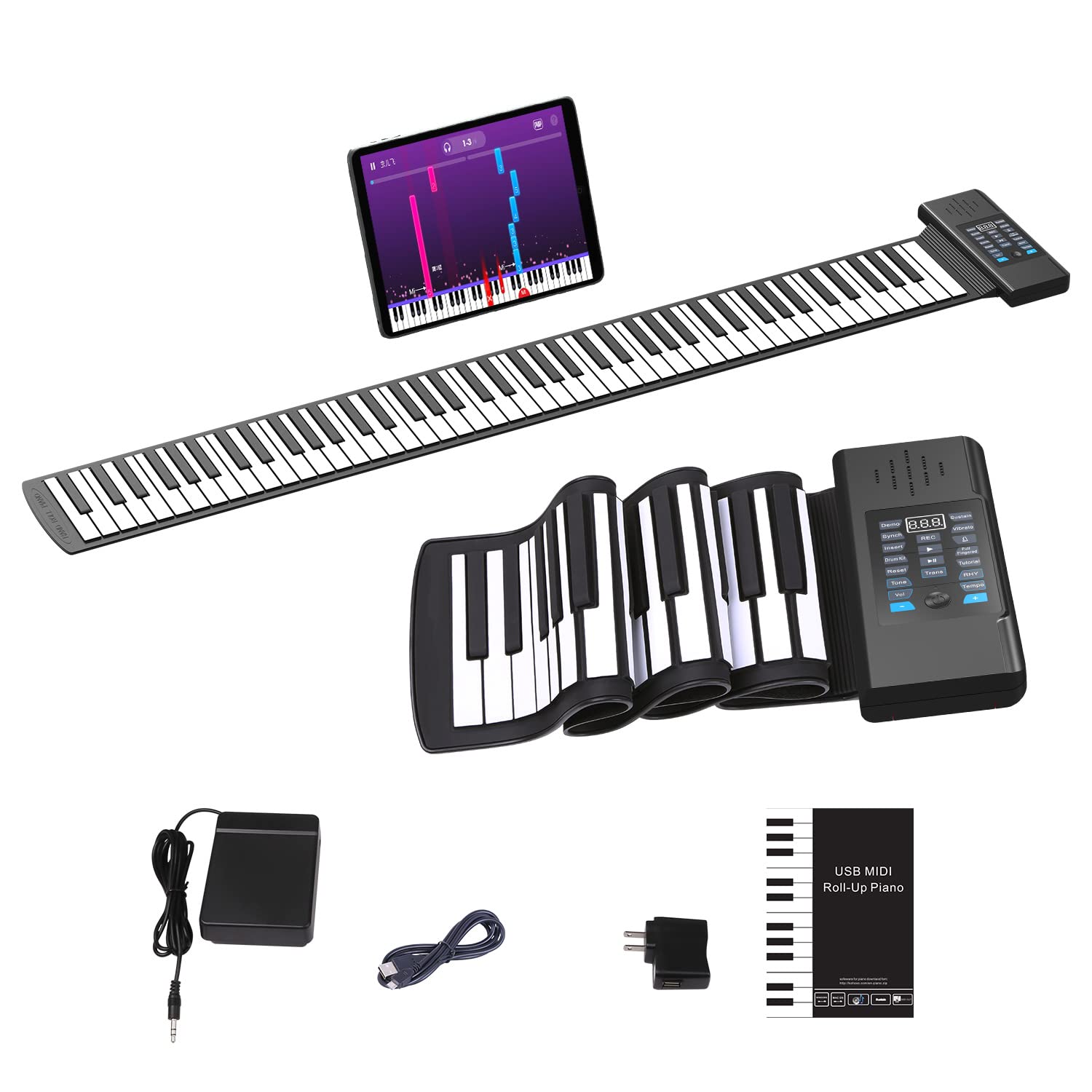 Konix 88 Keys Roll Up Piano, Upgraded Portable Rechargeable Hand Roll Piano Keyboard, 128 Rhythms, 128 Tones, Roll Out Keyboard