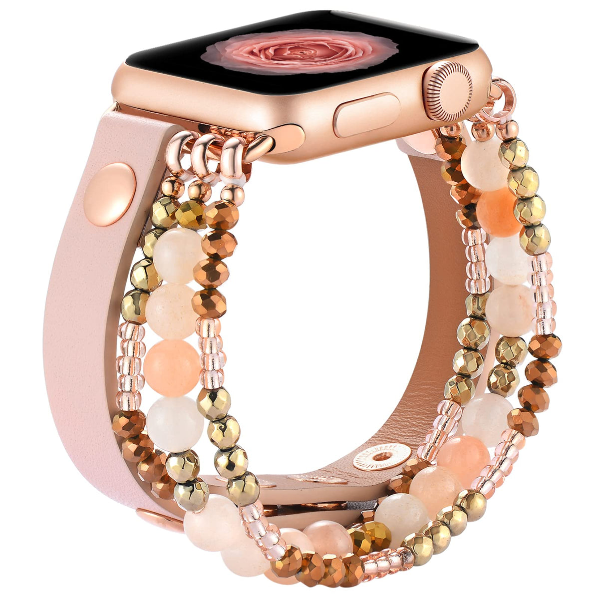Fastgo Leather Band Compatible With Apple Watch 38Mm 40Mm 41Mm Women Girls, Elastic Beaded Bracelet Strap Adjustable For Iwatch