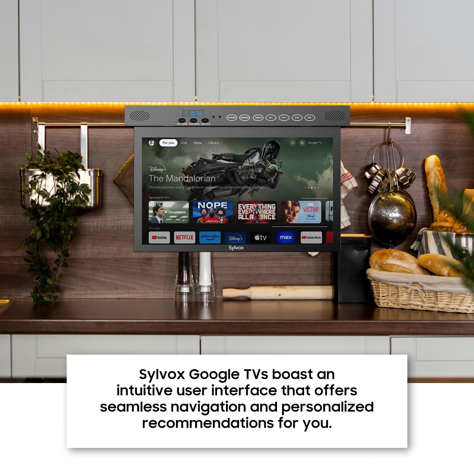 Sylvox 15.6'' Flip Down Smart Tv Under Cabinet Google Tv Supports 360 Degree Rotation Wifi & Wireless Connection, Storage Design