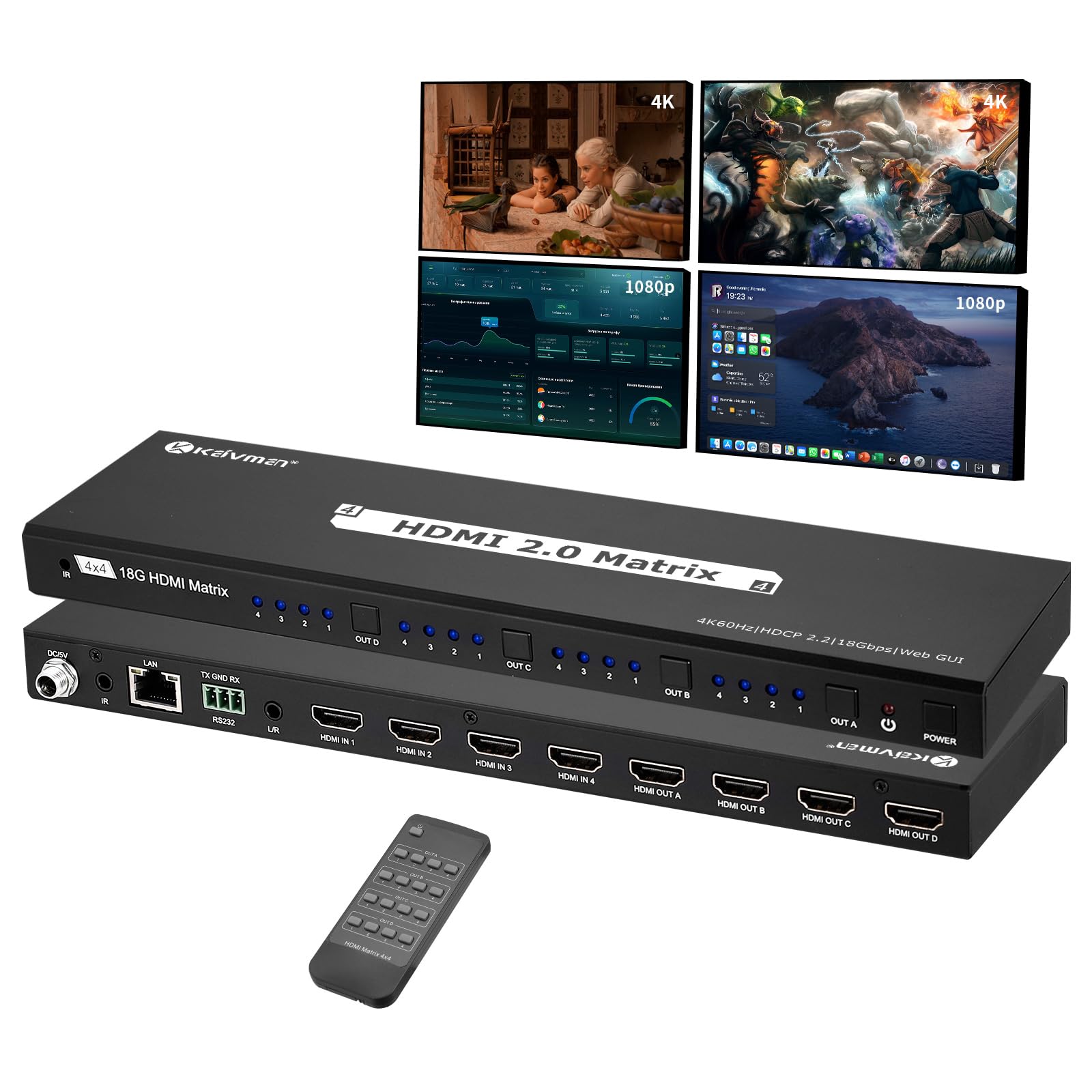 Kaivman 4X4 Hdmi Matrix Switch/Splitter, 4K Hdmi Video Matrix With 3.5Mm Audio Extractor, Support Web Gui & Ir Remote Control, 4