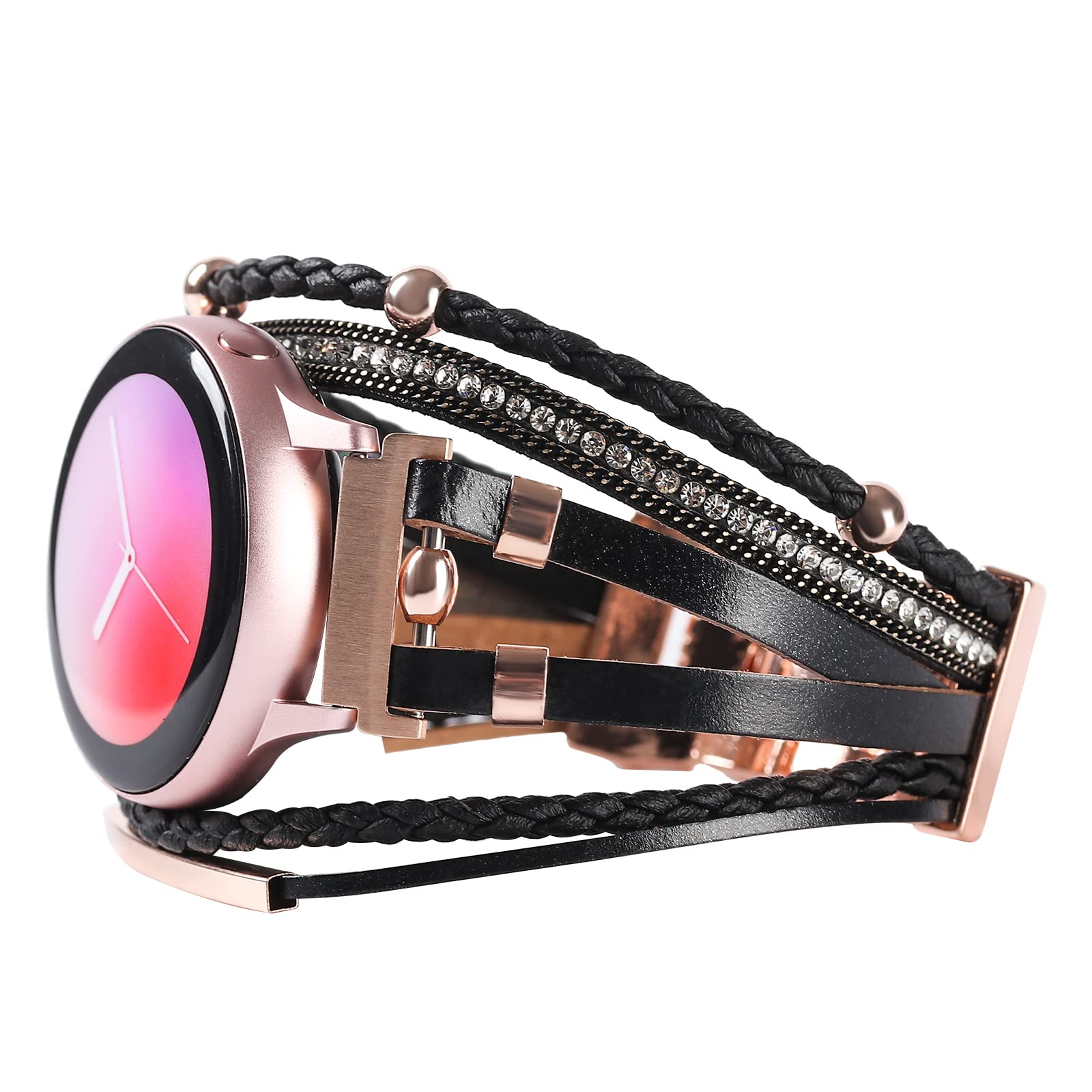 Posh Leather Bands For Samsung Galaxy Watch 5/Watch 6/Watch 4 Band 40Mm 44Mm/Galaxy Watch 5 Pro Band/Watch 4/ Watch 6 Classic Band, 20Mm Boho Bracelet Handmade Strap For Women (Black/Rose Gold)